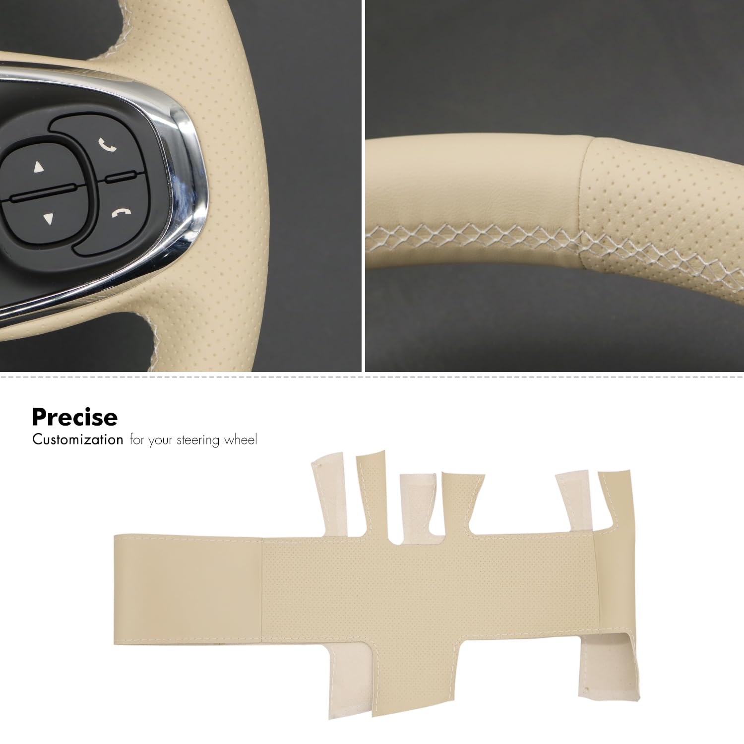 MEWANT Passgenauer Lenkradbezug zum Nähen für Handstich für 500 500C | Handstich für 500 2015-2021 / 500C 2016-2021 Beige Kunstleder Atmungsaktiv Für Beheizte Lenkräder Langlebig