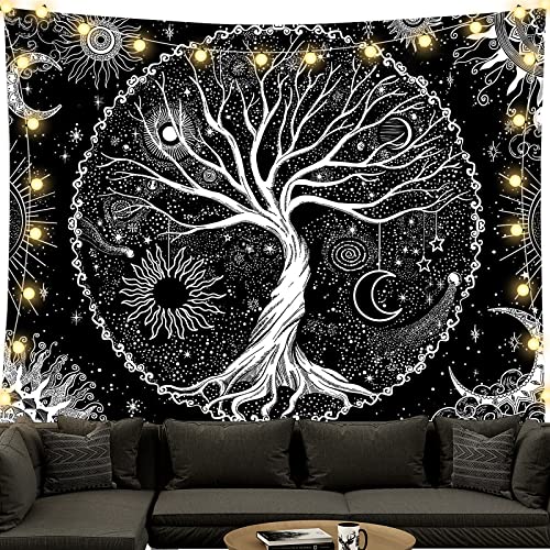 BOZILY Tapisserie Wandbehang, Schwarz und Weiß Baum des Lebens Wandteppiche Mondphasen Tapestry für Wohnzimmer Tagesdecke Zimmer Schlafzimmer( L/150x200cm) Cover
