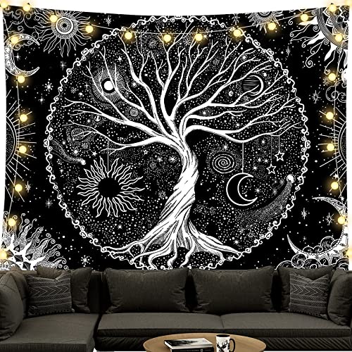 BOZILY Tapisserie Wandbehang, Schwarz und Weiß Baum des Lebens Wandteppiche Mondphasen Tapestry für Wohnzimmer Tagesdecke Zimmer Schlafzimmer( L/150x200cm)