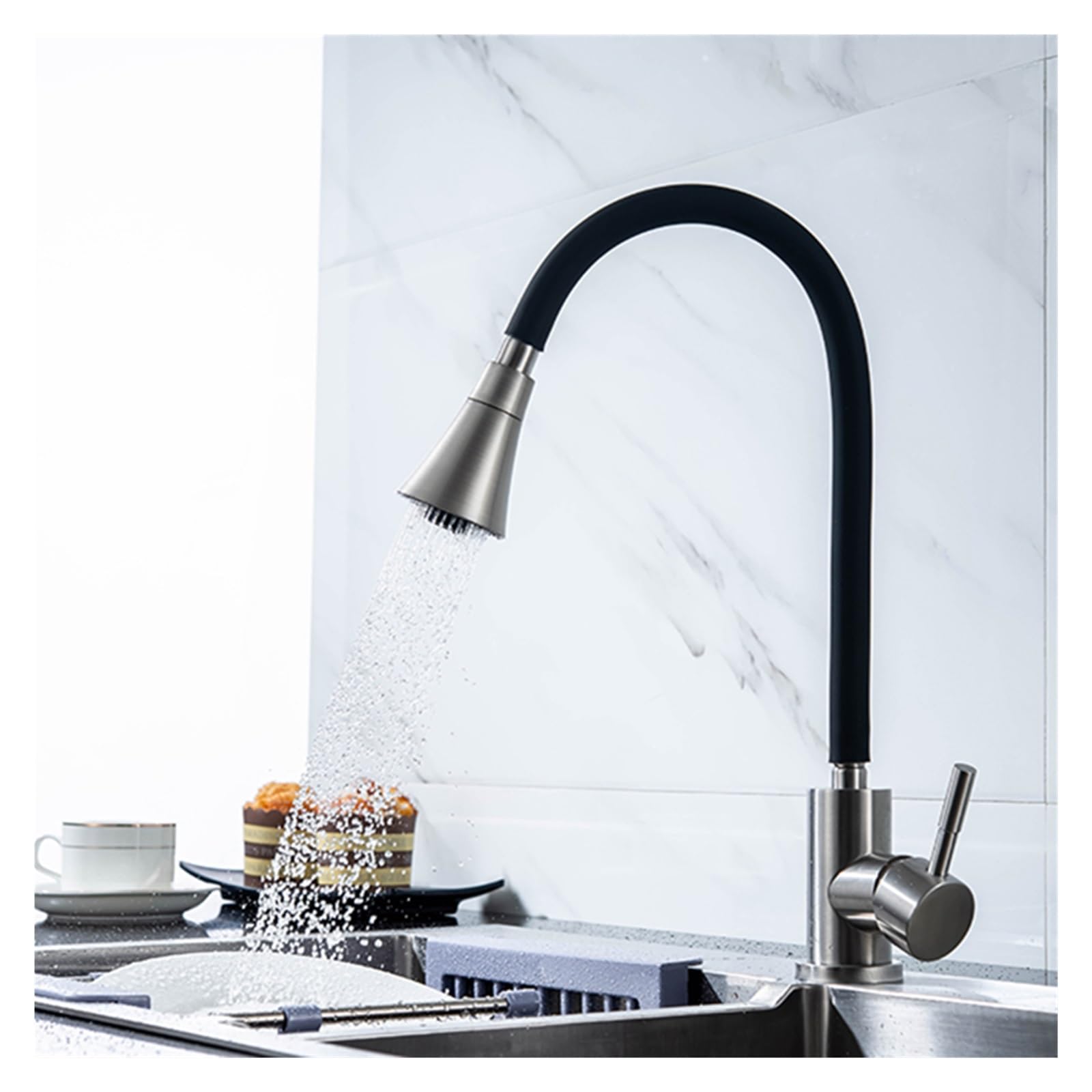 BIJKHSISN Silicone Nose Rotating Kitchen Faucet Hot and Cold Black Blue Mixer Pink Single Handle Kitchen Faucet(01068 Black)