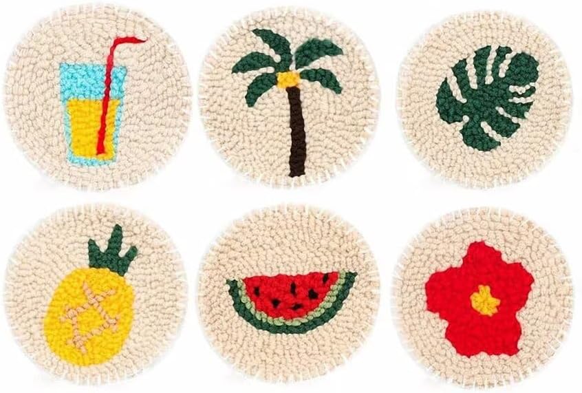 Punch Needle Coaster Kit 6 Patterns Coconut Tree Tufted Rug Pads, DIY Needle Punch Coaster Kit for Adults Beginners with Adhesive Felt Yarns Embroidery Hoop Tools Instruction