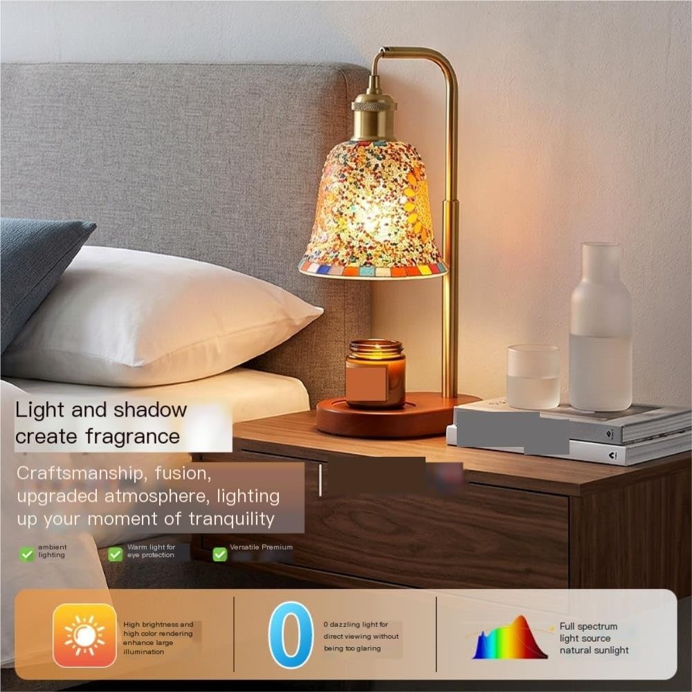 Lampada scaldacandele, luce notturna ambientale sul comodino della | Scaldacandele, base in legno massello, paralume in vetro, controllo tramite pulsanti, luce