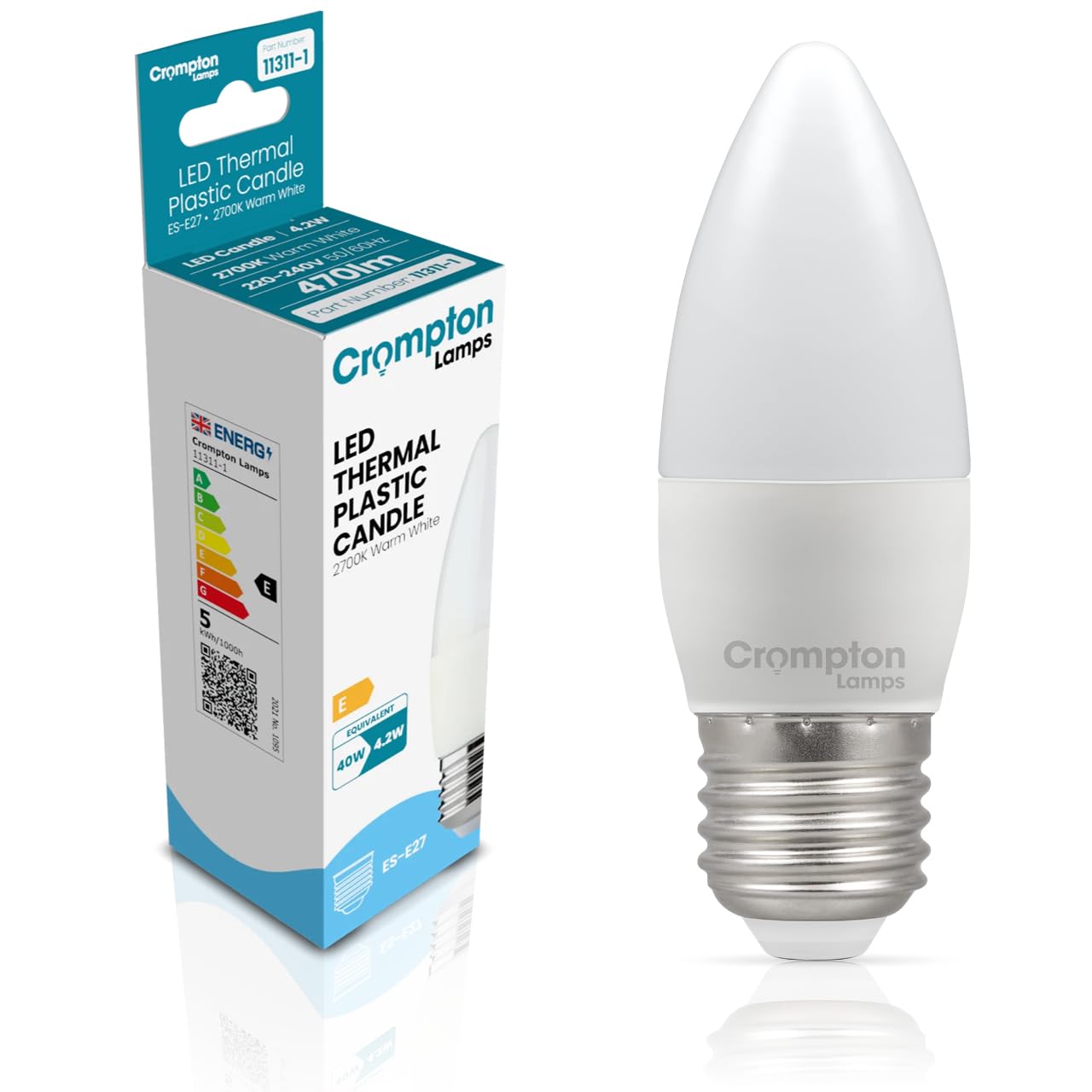 Crompton Lamps Candle LED E27 Bulb | 4.2W = 40W Equivalent | Warm White 2700K | Energy Efficient | Edison Screw Lightbulb | Long Life 15,000-Hrs | Bulbs for Lamps