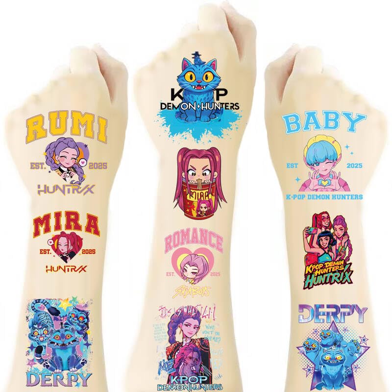 JCQAYB40Sheets Demon Hunters Temporary Tattoos Birthday Themed Party Supplies Decoration Favors Cartoon Movie Demon Hunters Sticker for Kids Boys Home Activity Class Prizes Carnival Christmas Rewards