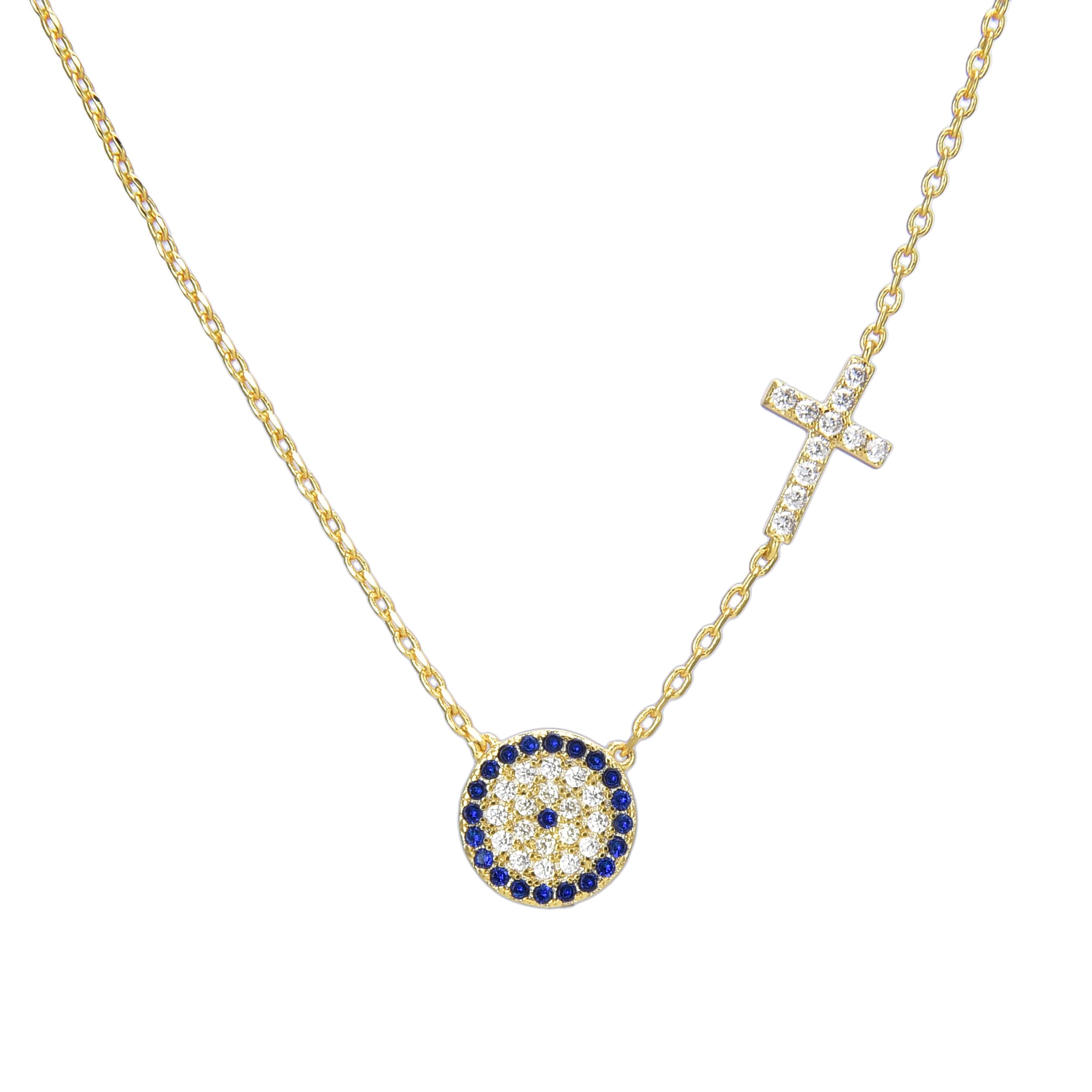 BleuBijouxEvil Eye Necklace Bracelet For Women 14 K Gold Plated Adjustable Chain Cubic Zirconia Evil Eye And Cross Necklace Bracelet Comes With Jewelry Box