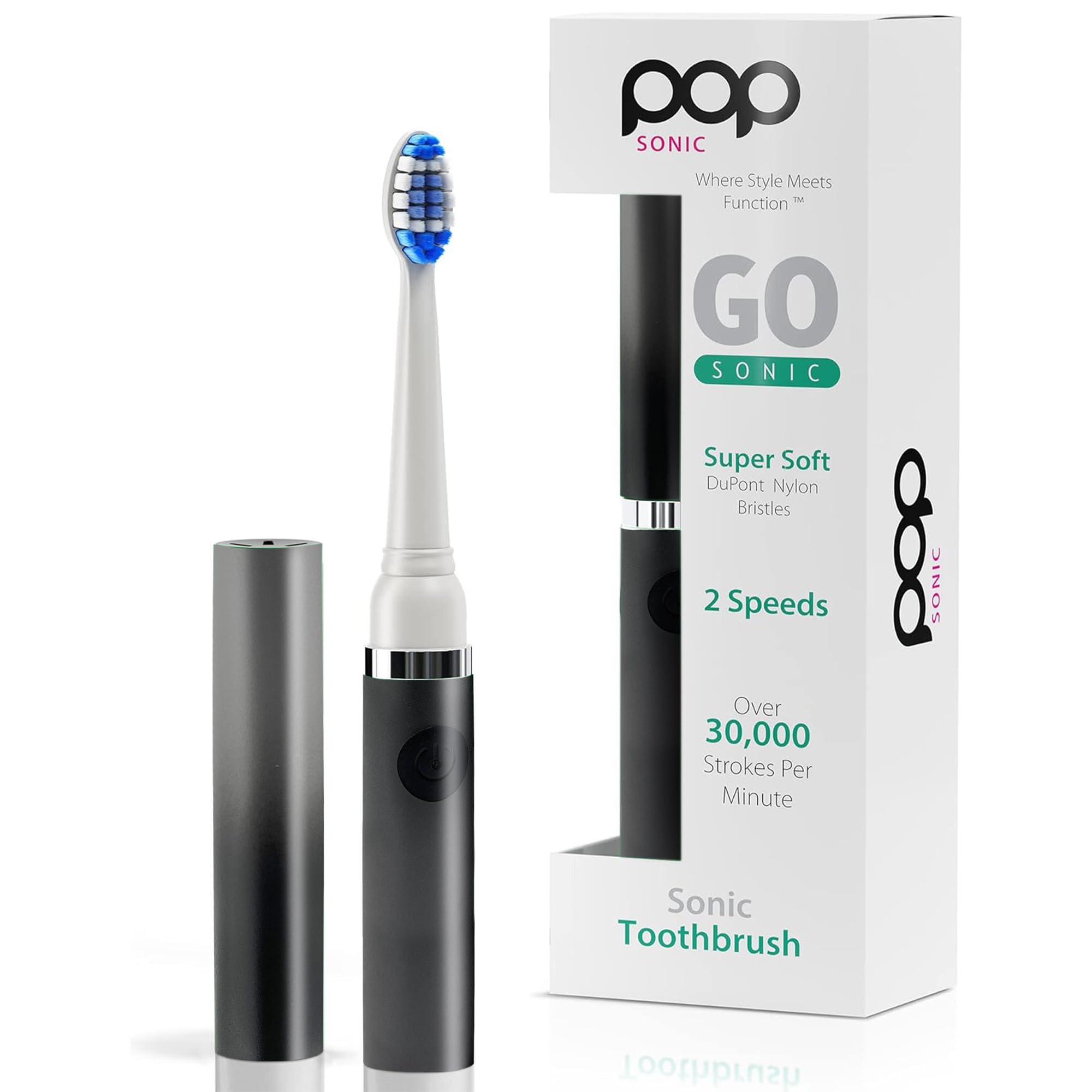 Pop Sonic Electric Toothbrush (Ombre) - Travel Toothbrushes w/AAA Battery | Kids Electric Toothbrushes with 2 Speed & 15,000-30,000 Strokes/Minute, Dupont Nylon Bristles (Ombre Black)-image-20