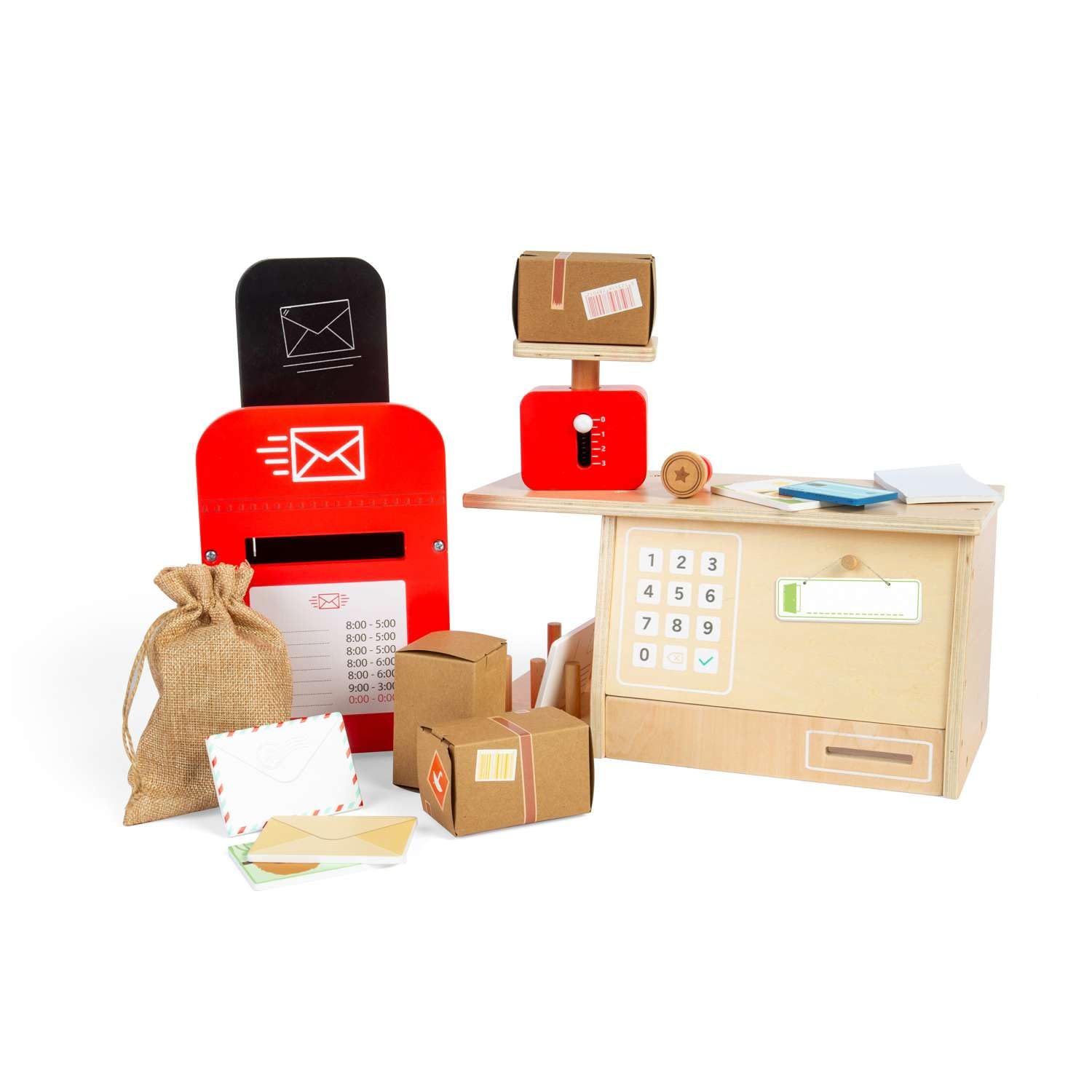 Bigjigs Toys Postamt-Spielset - 20-teiliges Holz-Postspielset, Rollenspielsets und Zubehör für Kleinkinder, Rollenspiel-Geschenke für Kinder ab 3 Jahren