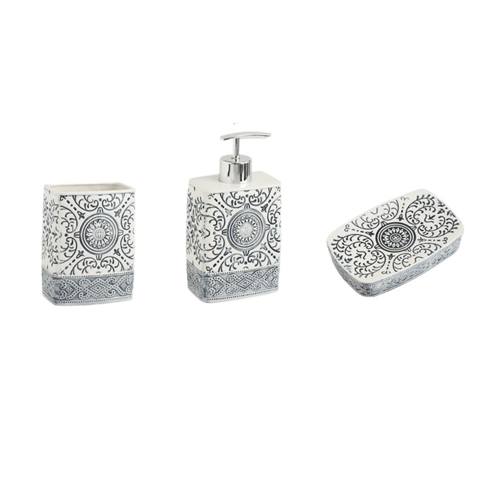 Bathroom Soap Dispenser Set Ceramic Lotion Bottle Soap Dish Toothbrush Holder Bathroom Set Flower Texture Porcelain Shampoo Bottling Dispenser(3pcs white)