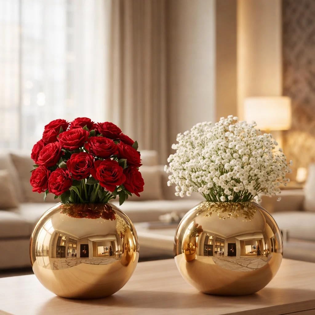 SPHINX Metal Flower Vase Set of 2, 4 Inch Decorative Gold Globe Flower Vase for Artificial Flowers, Dried Flowers & Floral Arrangements, Round Table Centerpiece for Living Room, Bedroom