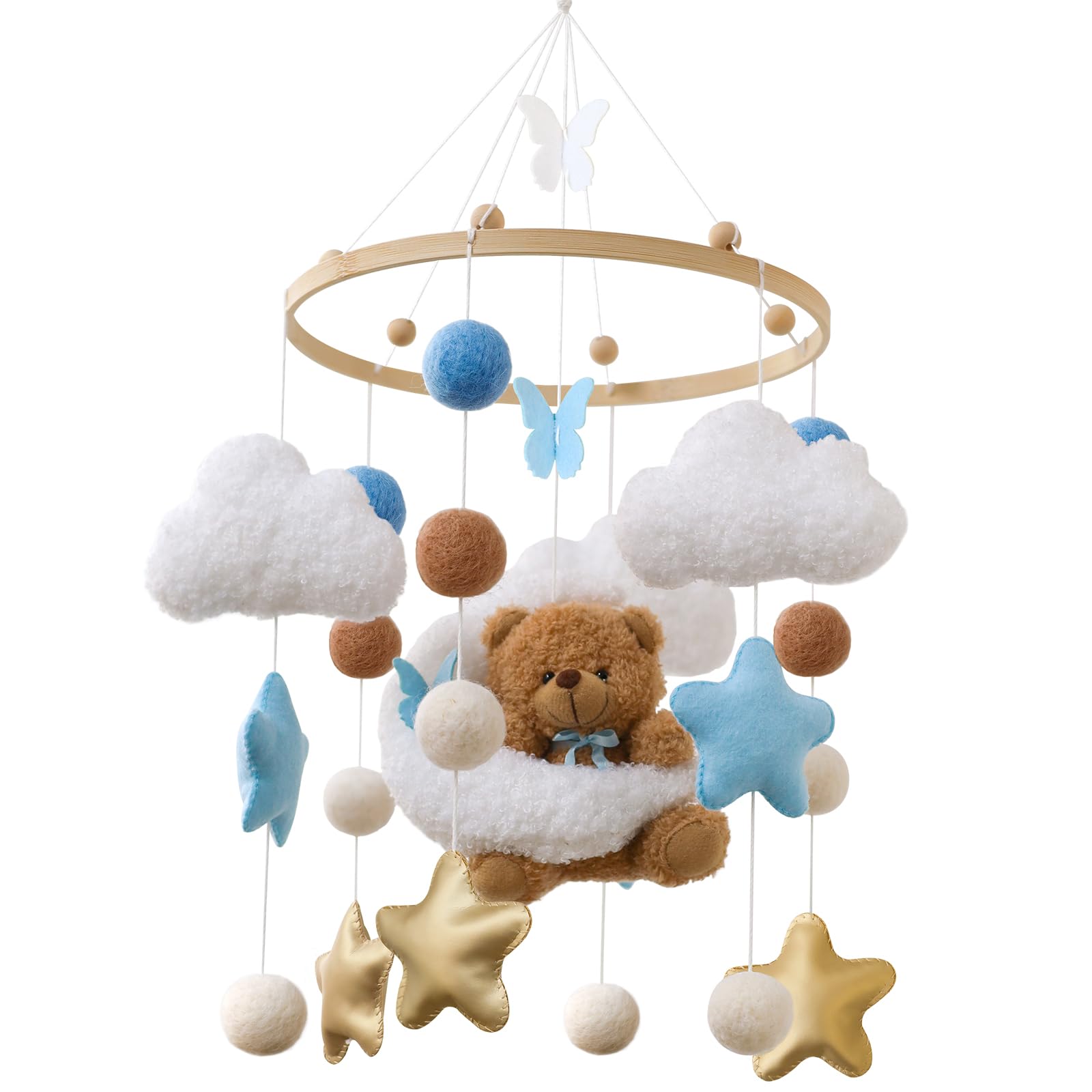 Blue Mobile Baby Wind Chimes, Brown Bear, Wood with Butterfly, Clouds, Stars, Bed Bell Pendant for Baby Cot, Boys and Girls