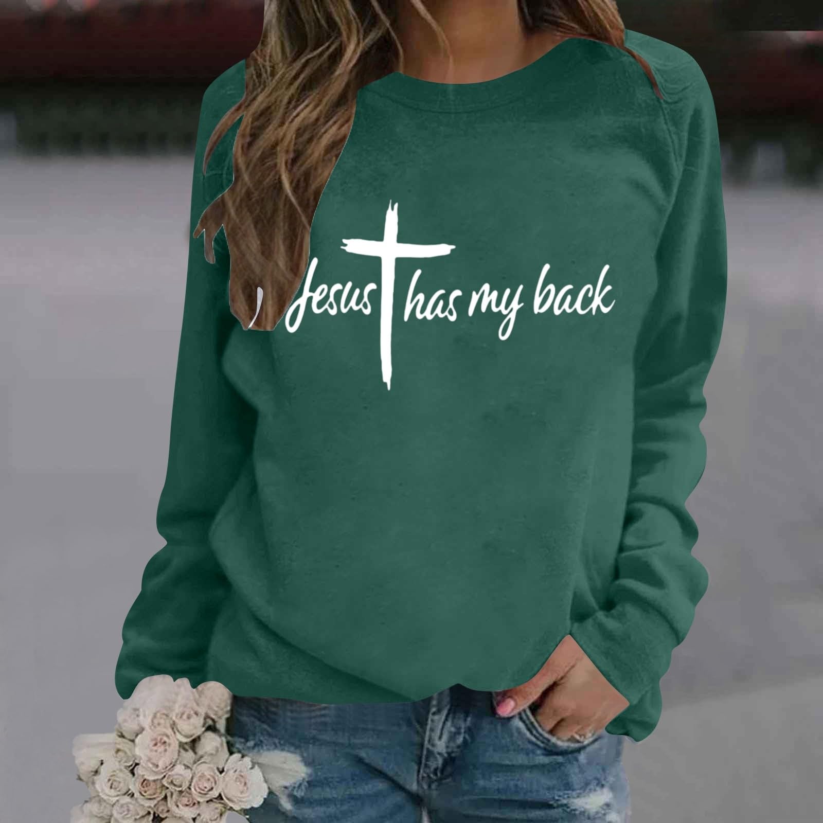 Generisch Maglione da donna, con stampa, a maniche lunghe, girocollo, vestibilità normale, per autunno e inverno, maglione natalizio, Jesus Christian Graphic