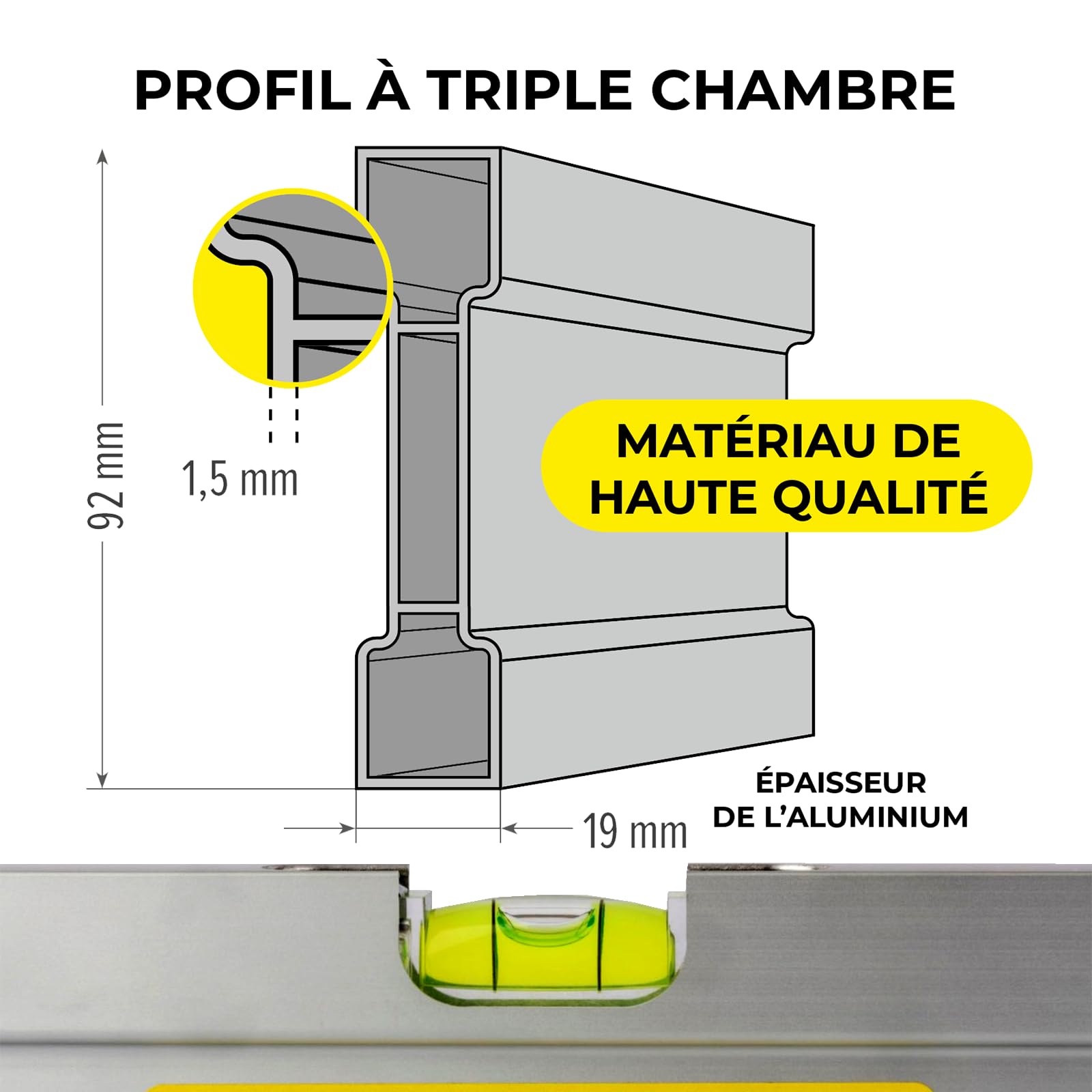 LAMEL Niveau règle 100 cm avec bulles et 2 poignées en aluminium anodizè, profil renforcé.