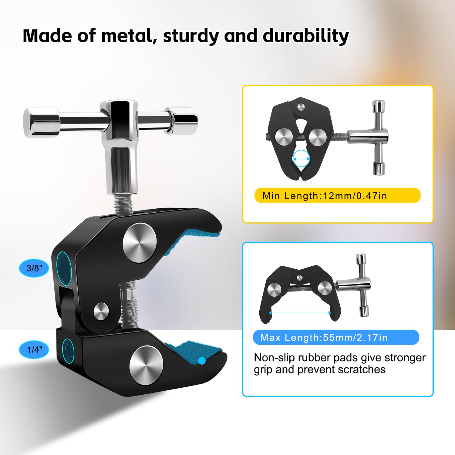 Double Super Pince avec Bras Magique ,1/4” pour Caméra, Support Lumière, Réflecteur, Support Parapluie, Convient aux Poteaux 0.47”-2.17”, Moto, Bureau, Trépied, Studio(Max Load 6.61LB)