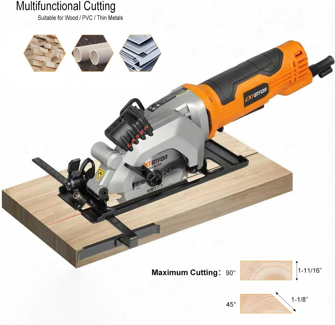 Power Circular Saw,4.8A Mini Circular Saw with Laser Guide,4000RPM Corded Saw Equipped with 3 Pcs 4-1/2" Blades，Maximum Cutting 1-11/16" at 90° and 1-1/8"at 45° for Wood, Soft Metal, Plastic