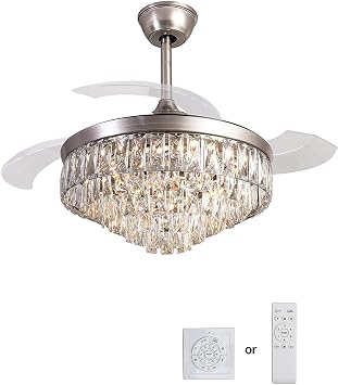 42 Inch Crystal Chandelier Ceiling Fan with Remote Control 3 Color Change Light 6 Speed Retractable Blades Fan for Restaurant Vintage Silver