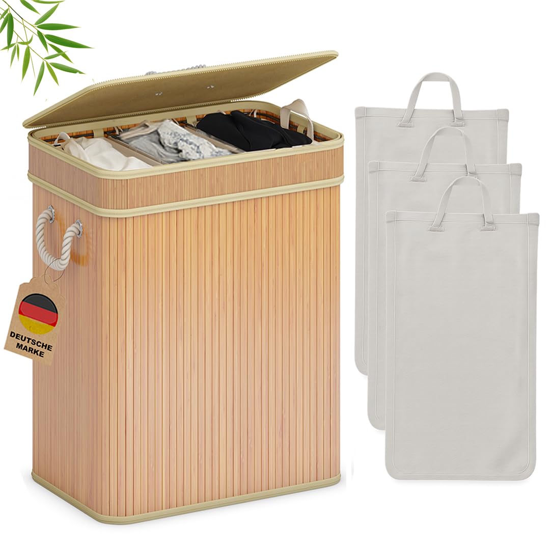 AdelDream Wäschekorb 150L Bambusoptik mit Deckel & Griffen, 3-Fach Wäschesammler Faltbar, Wäschebox mit herausnehmbaren Stofftaschen für Schlafzimmer, Bad & Waschküche B0FJY74F83