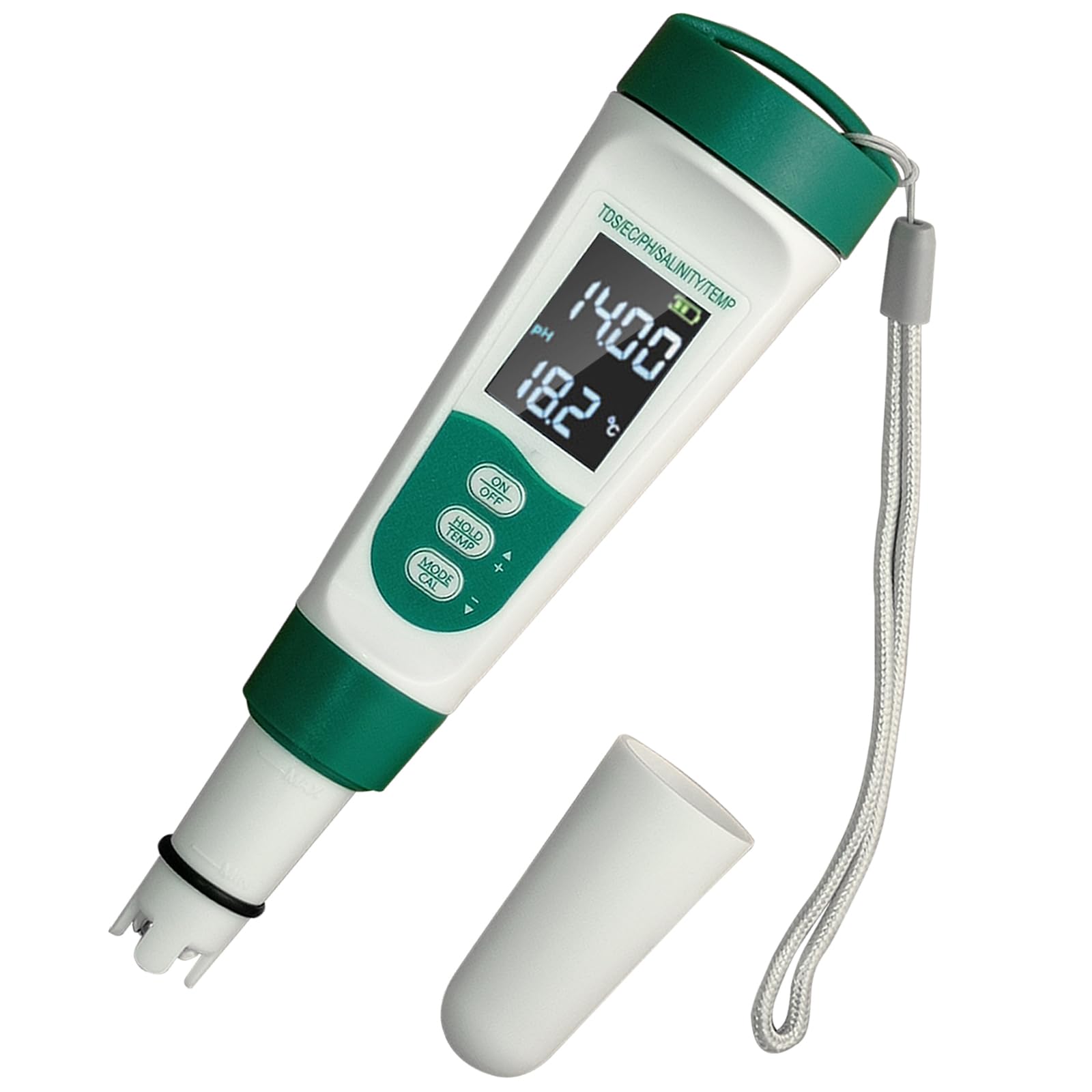 Display PH Meter Watter Tester 5 in 1, Funktionen: PH, TDS, EC, Salz, Temperatur, IP65 wasserdicht, hohe Genauigkeit mit 3 Kalibrierpulvern, für Salzwasserpool, Whirlpools, SPAs, Aquarium