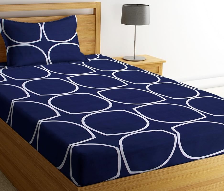 Image of NEW LEAF Premium Cotton Elastic Fitted Bedsheets with 1 King Size Pillow Covers | Single Mattress Bed with All Around Elastic 200 TC Supersoft | Size - 72 x 36 +6 inches | Blue Red Heart