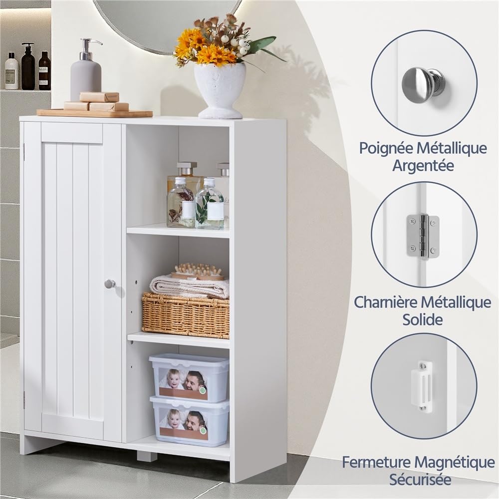Yaheetech Salle de Bain Moderne avec Porte Unique 56 cm×30 cm×81 cm, Blanc | Meuble de Rangement avec Compartiment Ouvert et Étagères Réglables, Armoire Rangement pour Salle de Bains/Salon/Bureau