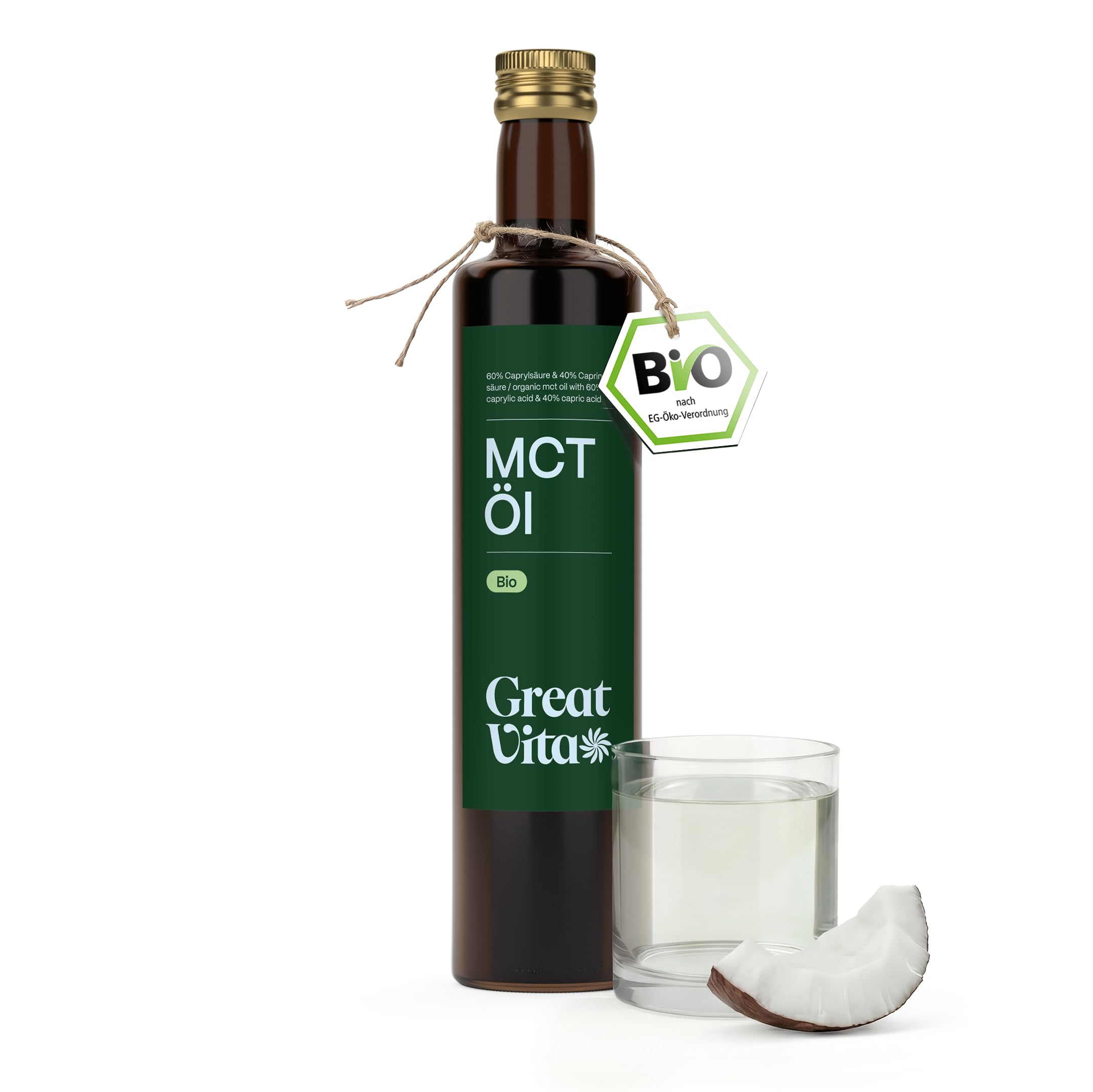 GreatVita Bio MCT Öl auf Kokosölbasis 500 ml | 60% Caprylsäure (C8) & 40% Caprinsäure (C10) Fettsäuren | 100% reines MCT Oil geschmacksneutral - Zuckerfrei, GVO-frei