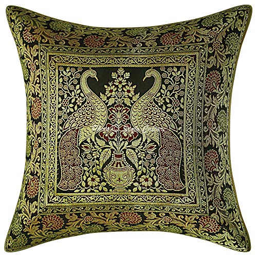 Image of Decorative Brocade Cushion Covers 16x16 Inch Banarasi Jacquard Weave Black & Gold Drawing Room Decor Peacock Traditional Square 40x40 cm Zippered Sofa Settee Pillowcases -Set of 5 Pcs