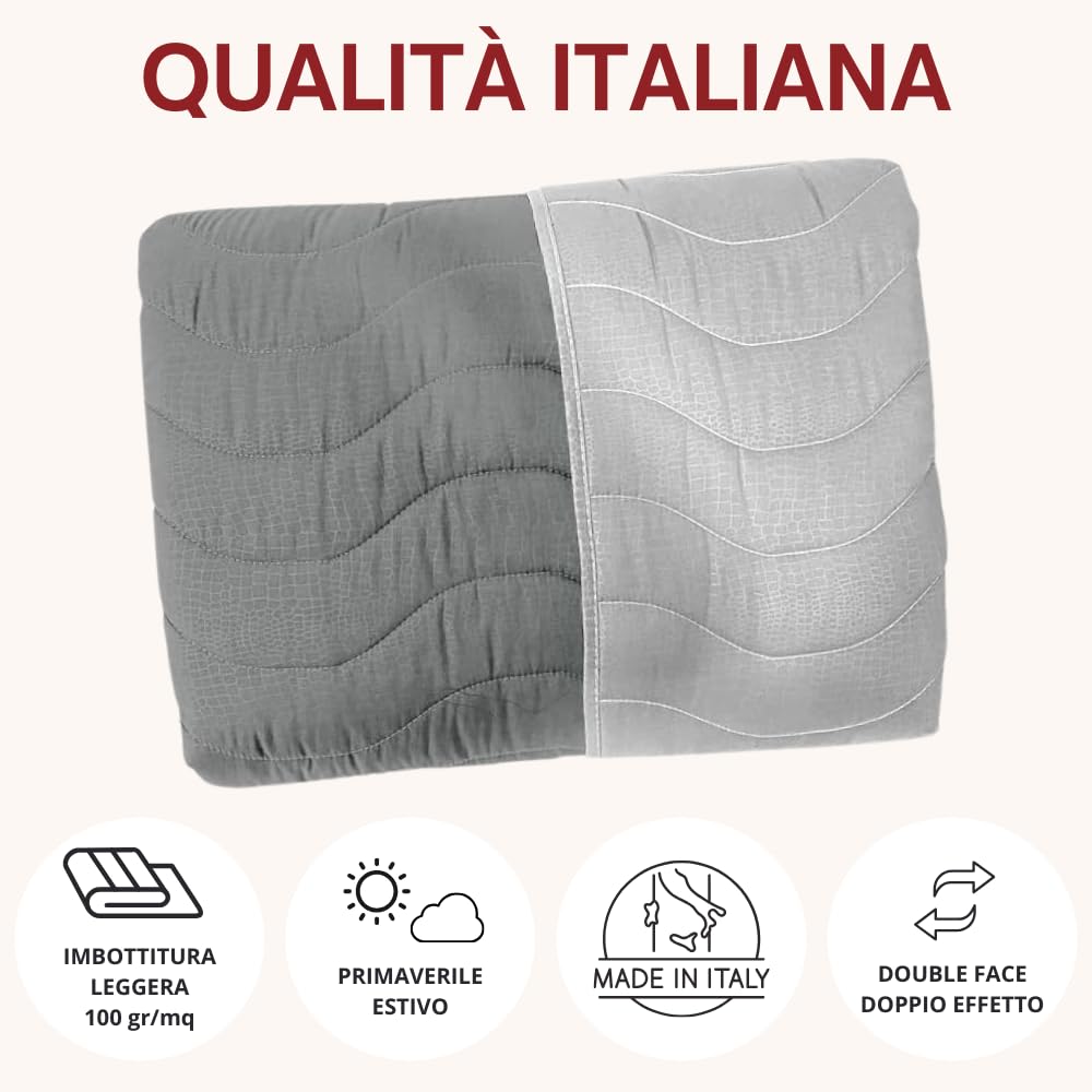 L'ANTICO ARCOLAIO - Trapuntino Matrimoniale Estivo (Grigio/Argento) Copriletto Matrimoniale Mezza Stagione Made in Italy, Trapunta Matrimoniale Double Face Ipoallergenica (Microfibra, 100g/m2)