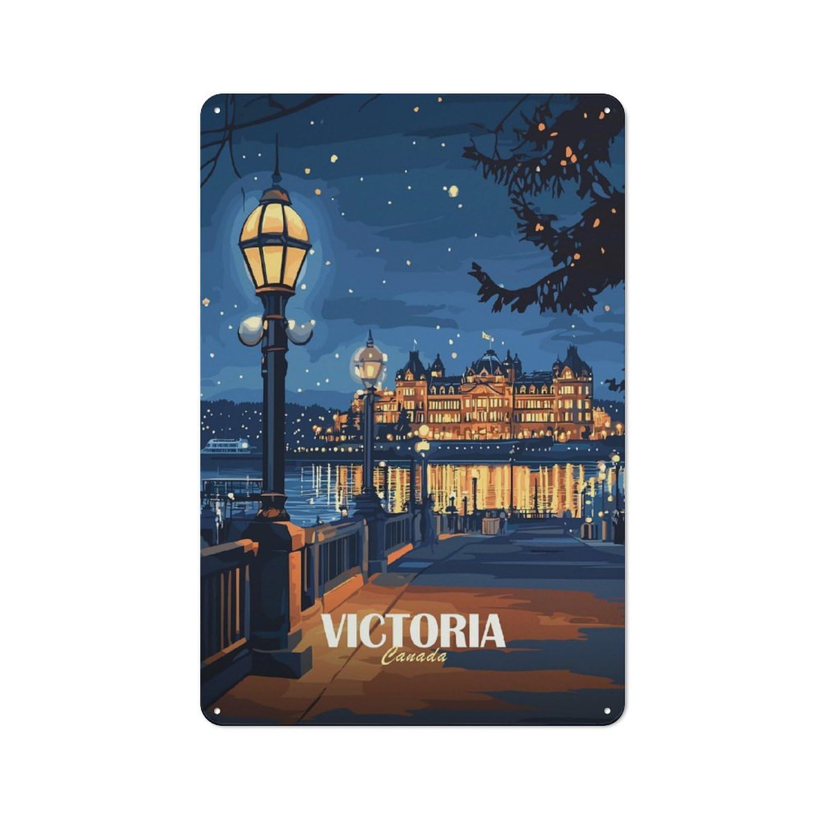 Junmoney Style-22 Metal Wall Sign 30X20cm Featuring Victoria, Canada Nightscape Illustration For Bar Or Restaurant, Gift For Bar Decor Enthusiasts During The Christmas Season