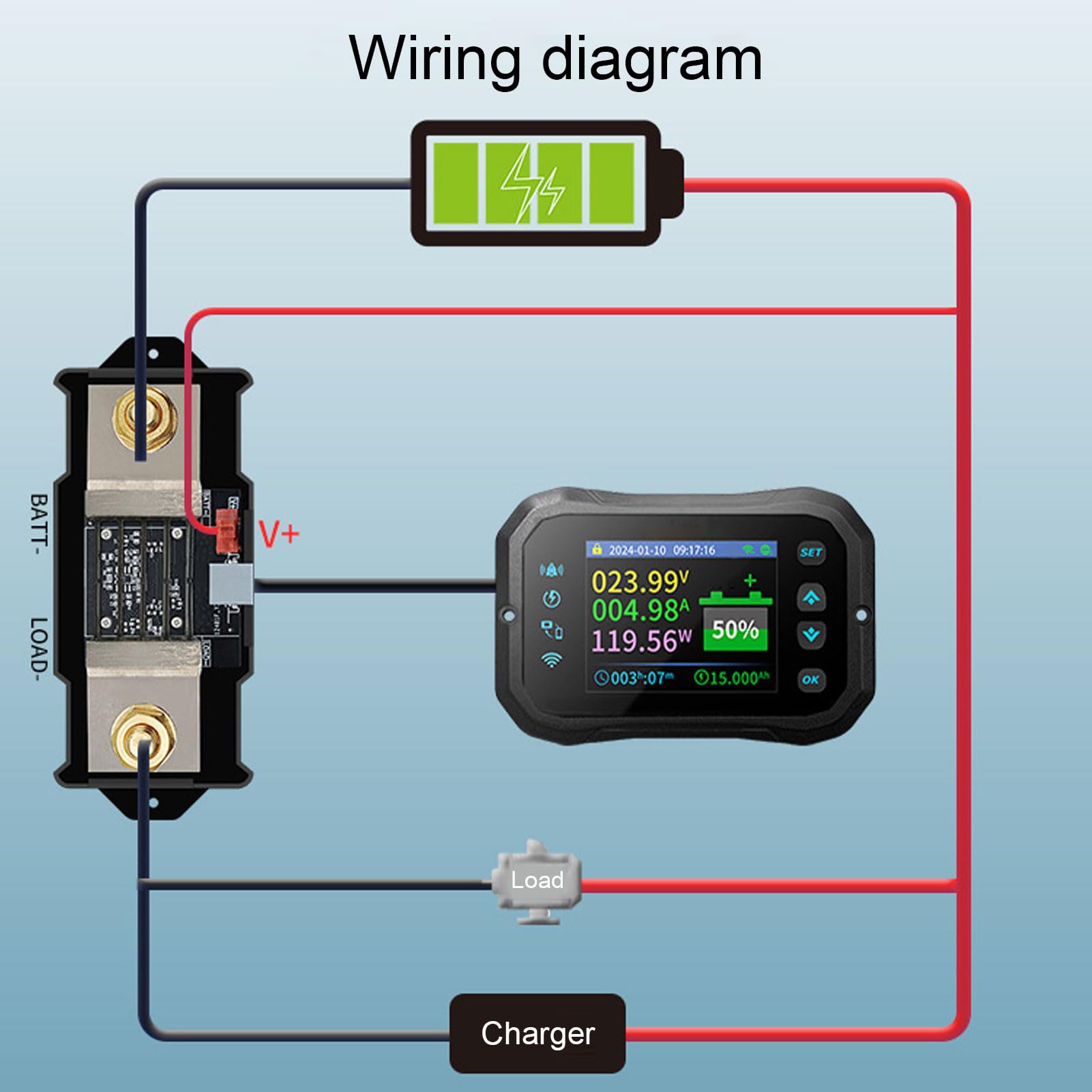 Cryfokt Misuratore Batteria WiFi, Display da 2,4 Pollici Monitoraggio Remoto in Tempo Reale per Tensione Corrente Potenza con Connessioni APP WiFi BT, per Scooter Elettrico per Auto RV