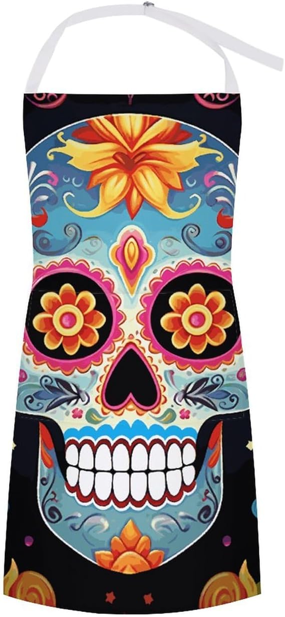 Sugar Skulls Apron Water Resistant Cooking Aprons Long Bib Apron with Pockets, Adjustable Durable Convenient Kitchen Aprons for Work Grilling