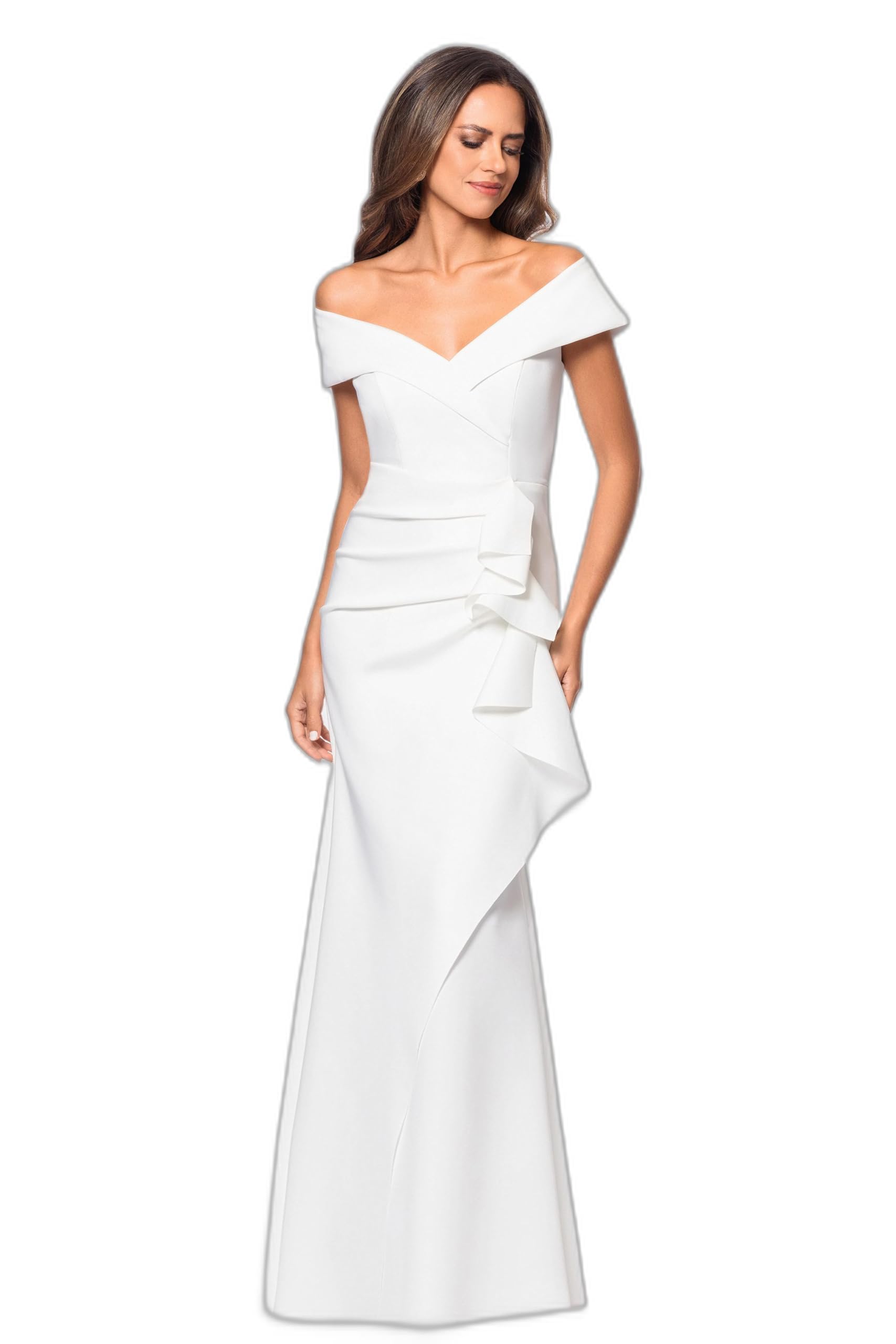 Xscape Women's Long Off-the-Shoulder Sweetheart Neckline Formal Evening Gown with Ruching and Draped Ruffle Detail
