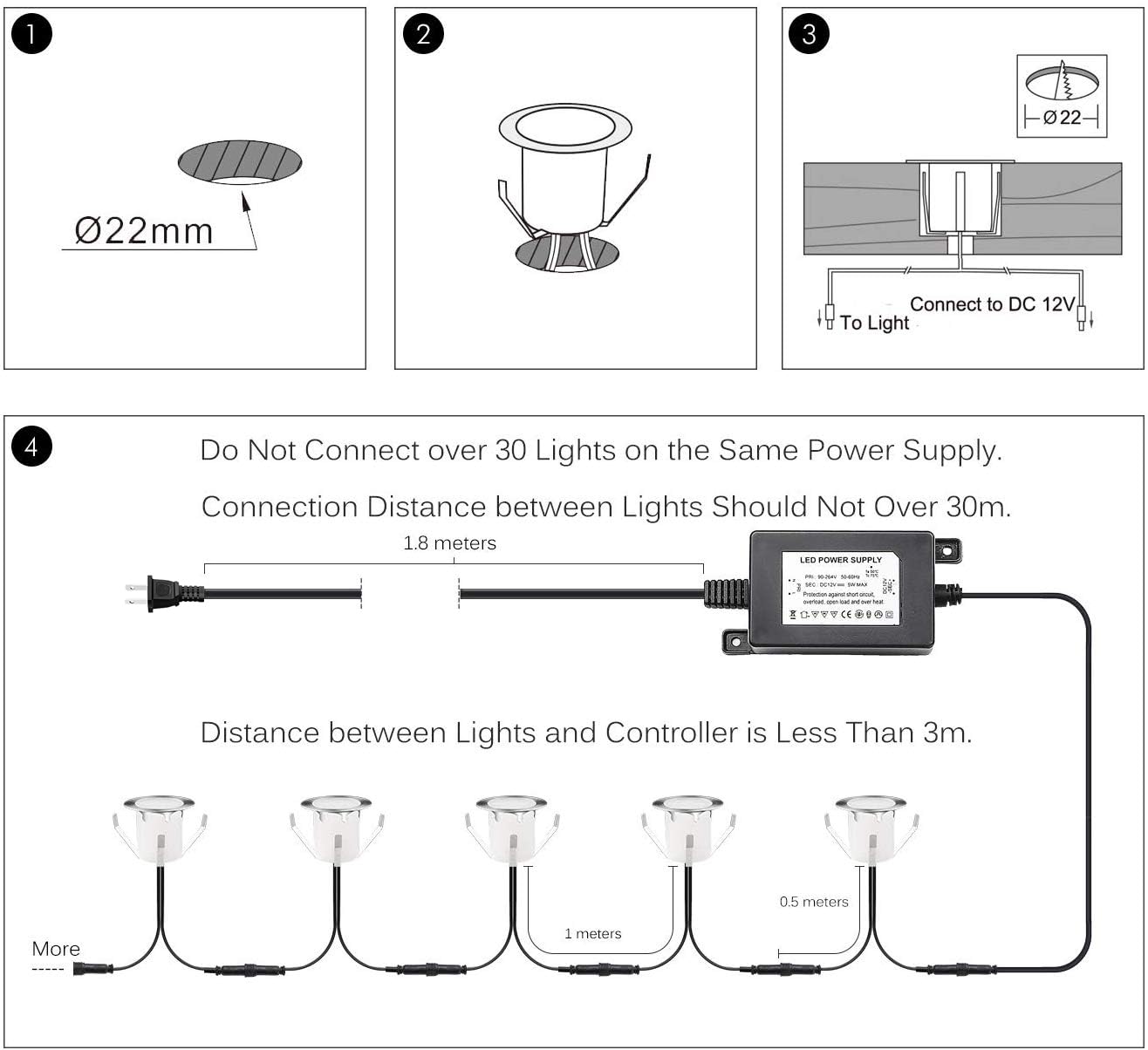 6 kit faretti da incasso a LED per terrazza sepolta plafoniera,LED da incasso 0,6 W IP67 DC12 V, impermeabile, lampada esterna per strada, scala, piscina, cortile, bagno bianco caldo