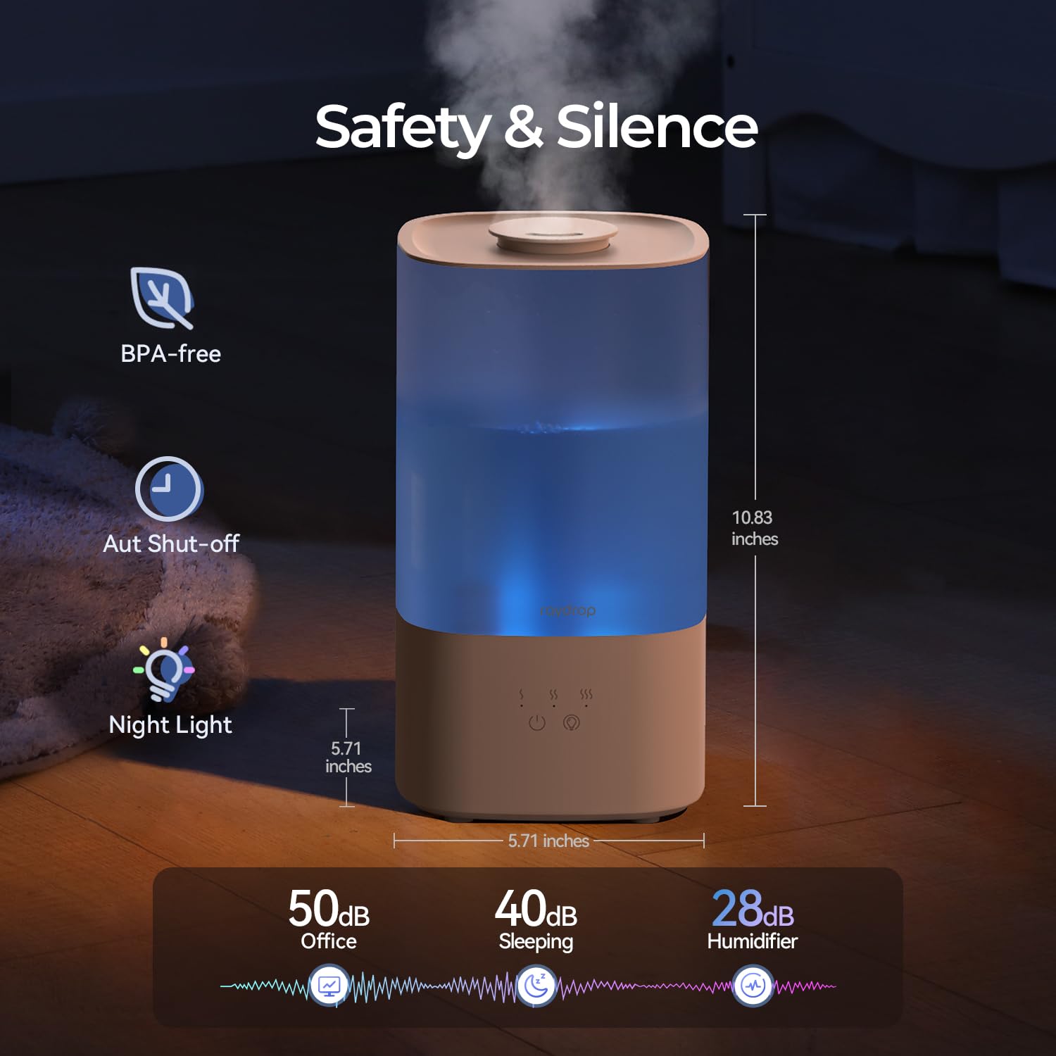 raydrop Humidifiers for Home, 2.5L Cool Mist Ultrasonic Humidifiers for Large Room & Bedroom, Top Fill Air Humidifier for Baby Nursery & Plants, Color Lights, Auto Shut-Off 4