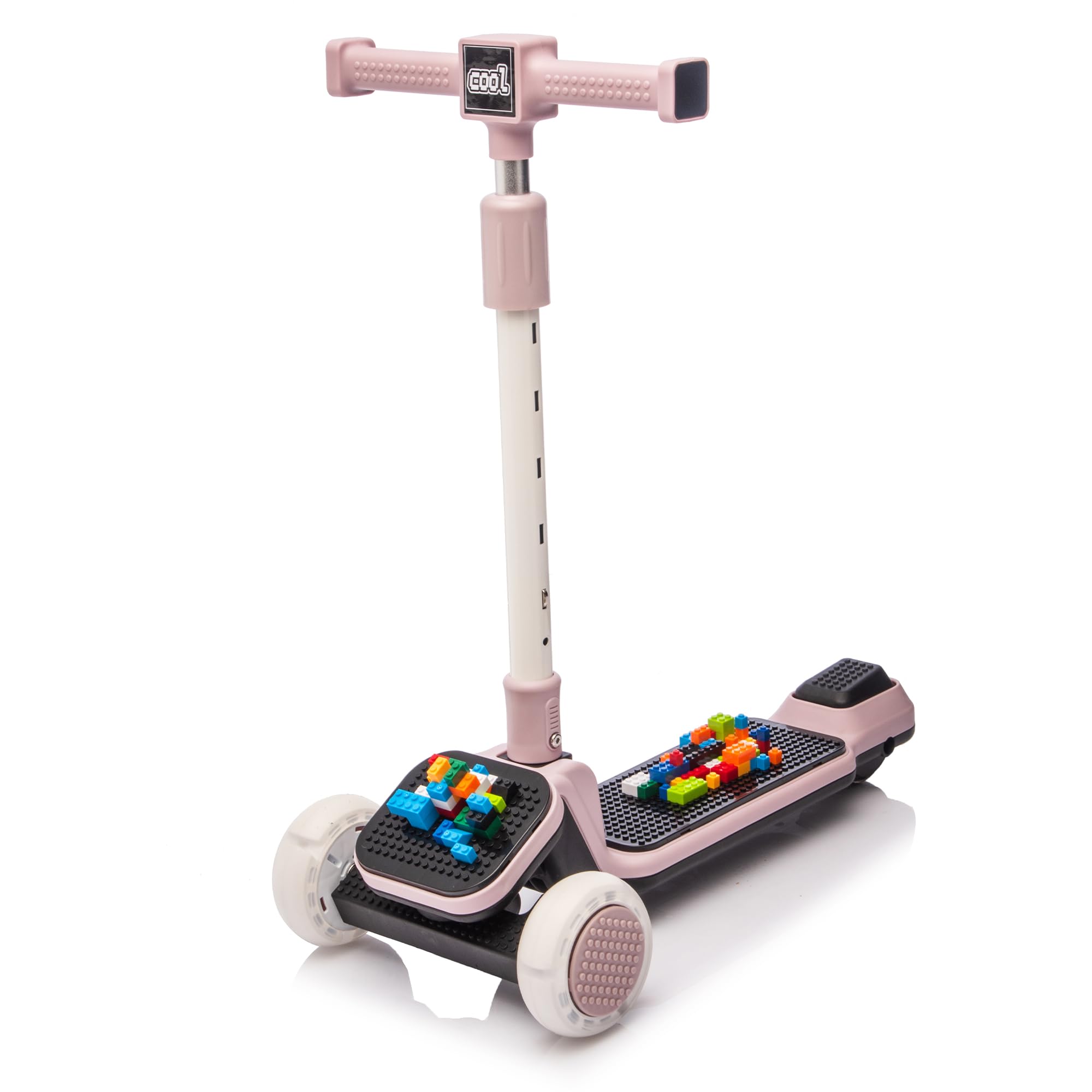 Bluefun Kids 3-Wheel Kick Scooter with Buildable Blocks PU Flash Wheels 5-Position Height Adjustable Handlebar Foldable Kick Scooter