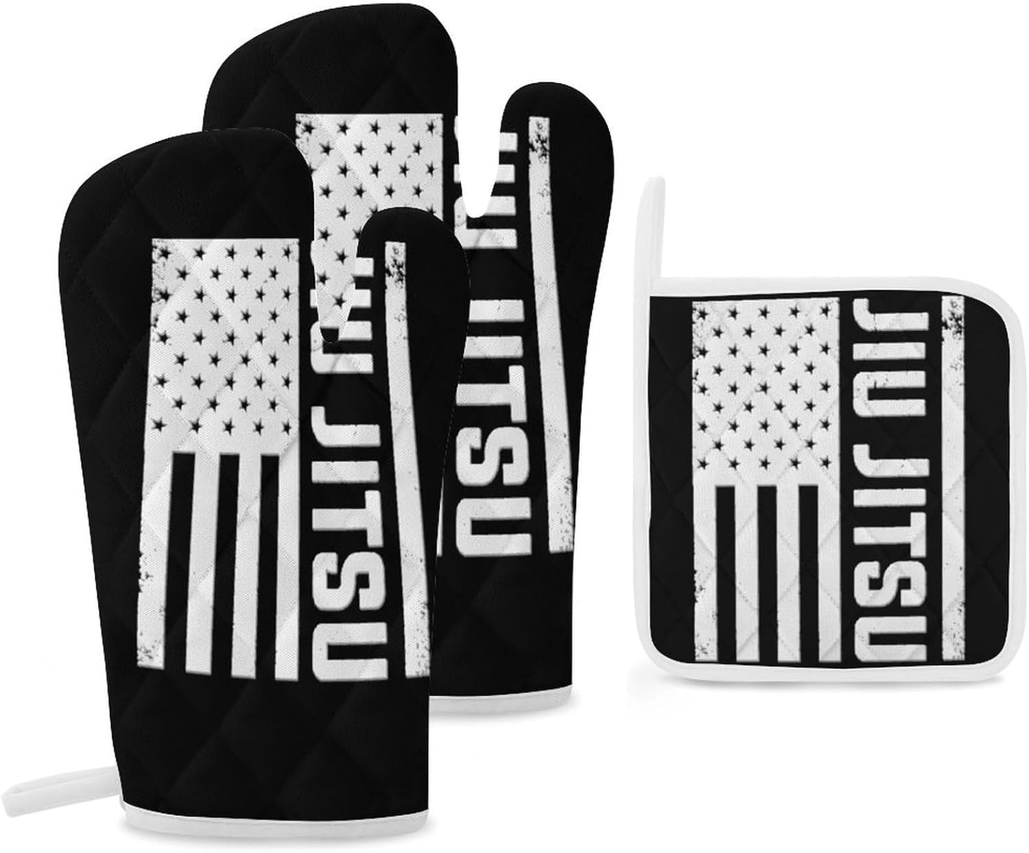 Jiu Jitsu U.S.A. Flag Print Oven Mitts and Pot Holders 3 Piece Sets Heat Resistant Gloves Hot Pads Potholders for Kitchen Baking Cooking