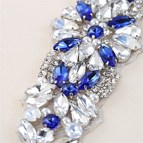 Crystal Rhinestone Applique Belt Bridal Wedding Dress Applique Blue 8.7x1.9 inches3