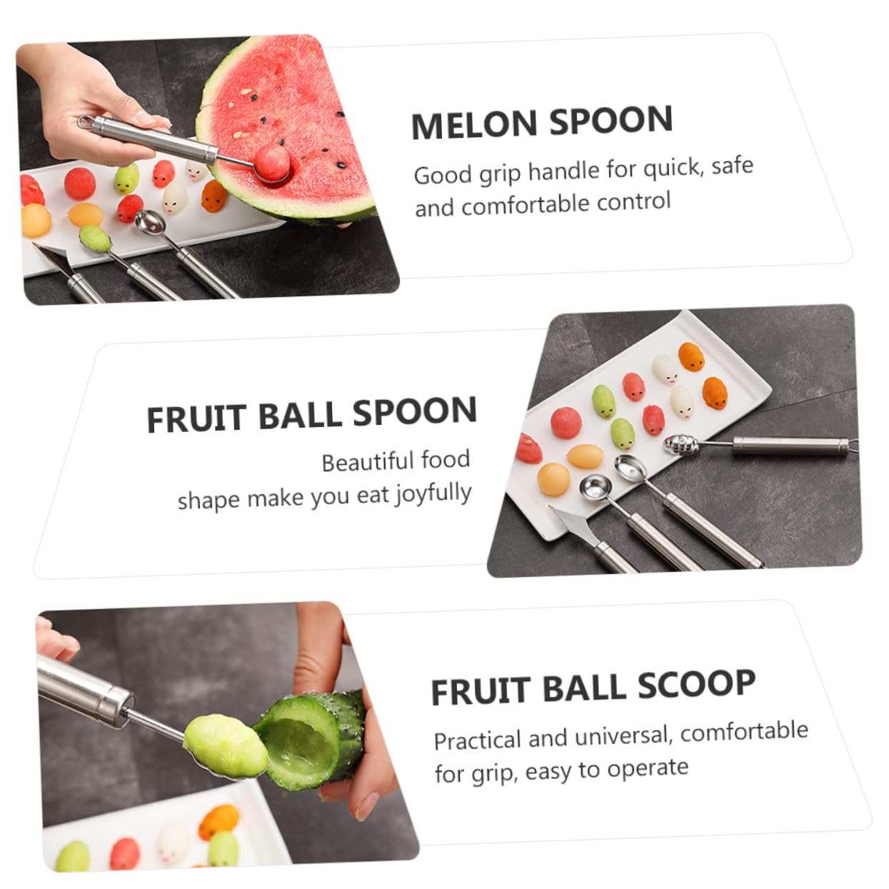 Juego de Sacabolas Diseño Seguro 4 Piezas de Acero Inoxidable de Melón y Forma Atractiva para Frutas y Cocina