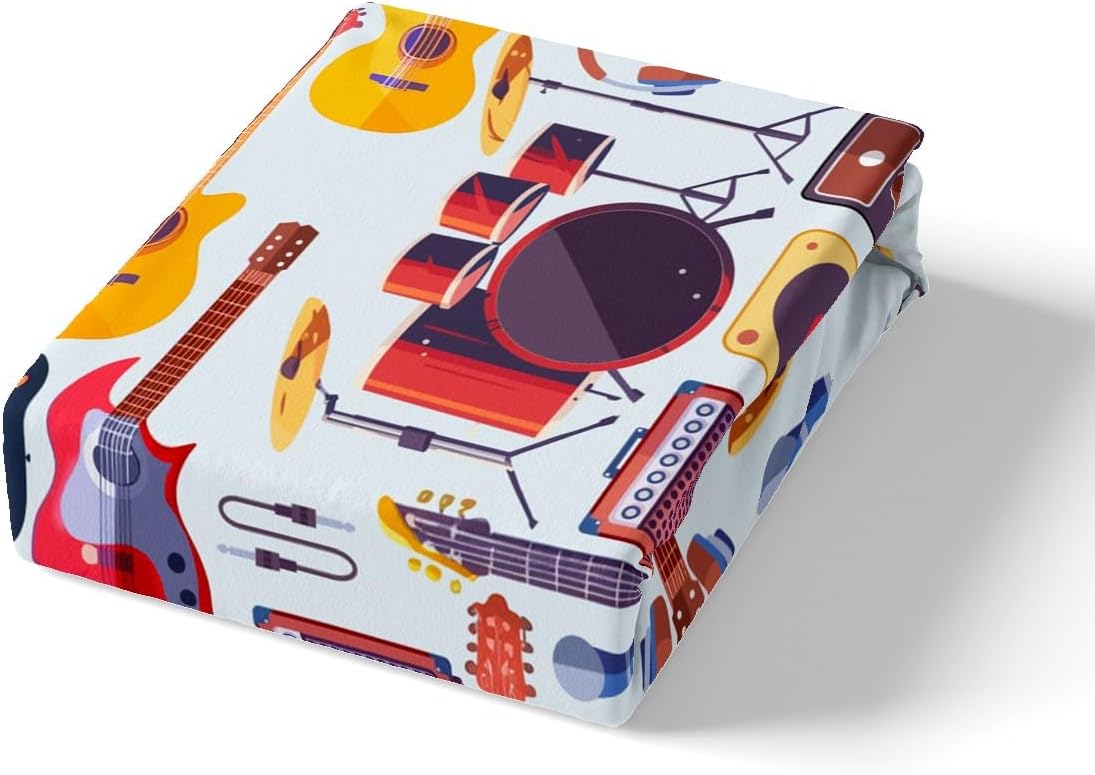 Manfei Musical Kids Fitted Sheet Queen Size, MusicalGuitar Radio Drum Kit Headset Print Bedding Set 3pcs for Boys Girls, Rock Music Bed Cover with 2 Pillowcases, Soft Polyester Bedding, No Top Sheet