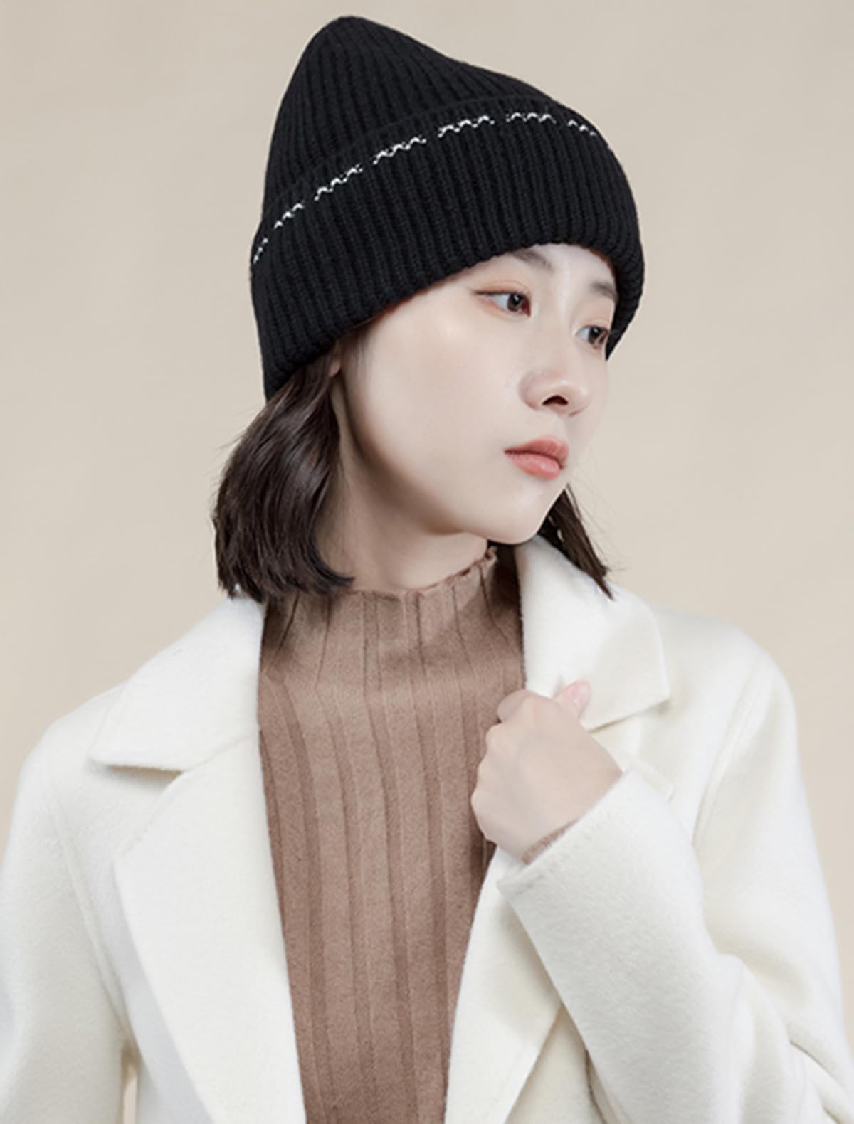 100% Kaschmir Cuffed Beanie Mütze für Damen Herren, Weiche Warme Strickmütze mit Bündchen, Winddicht Winterhüte Gestrickt Skull Cap, Unisex Outdoor Sportmütze zum Laufen Ski, Winter Geschenk Black F