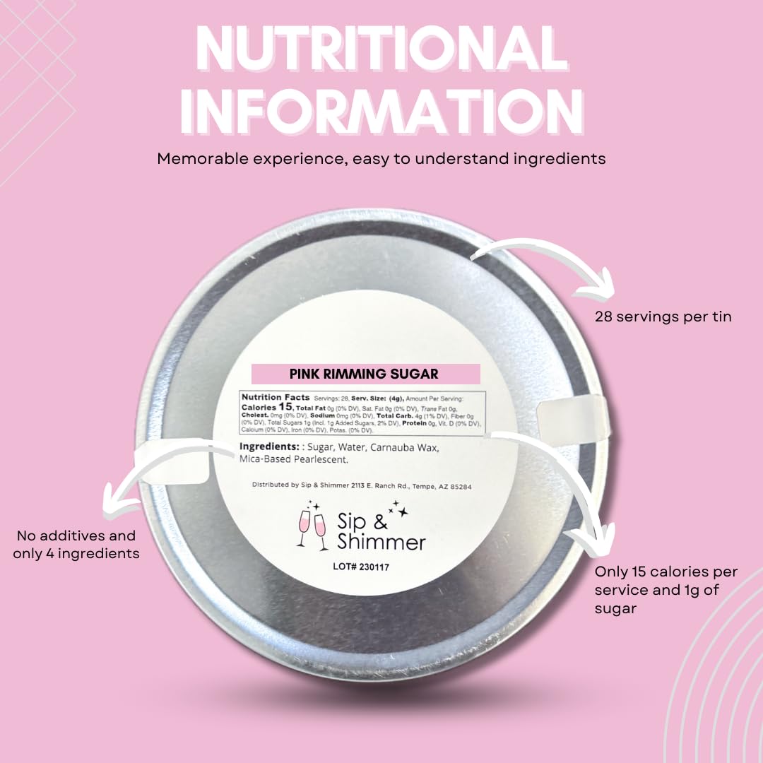 Sip & Shimmer Pearl Glass Rimming Sugar Beverage Garnish For Fun Festive Cocktails & Mocktails In A Wide-Mouth Tin 4oz (Pink Pearl)