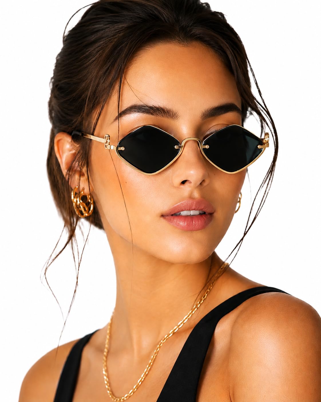 rimless diamond shape sunglasses with gold metal frame, dark green- uv protected-pack of 1