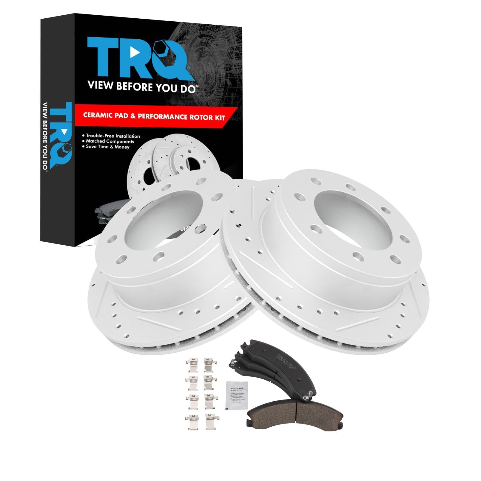 TRQ Performance Rear Brake Pad and Rotor Set Ceramic Drilled Slotted G Coated Rotors Compatible with 2009 GMC Savana 3500