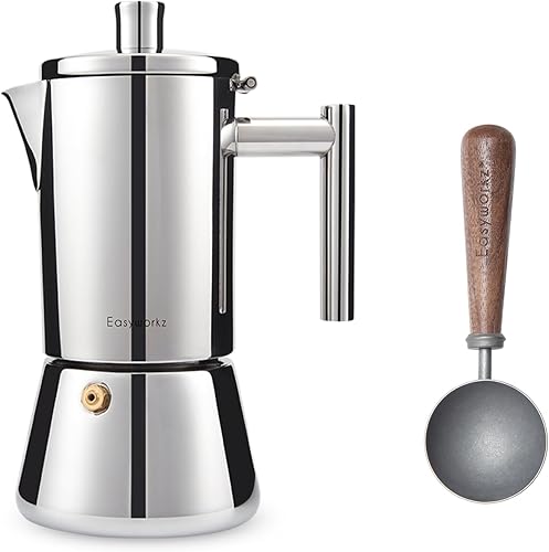 Easyworkz Diego - Cafetera de café expreso de acero inoxidable para 12 tazas, 17.5 onzas, con cuchara de café retro de acero inoxidable con mango de