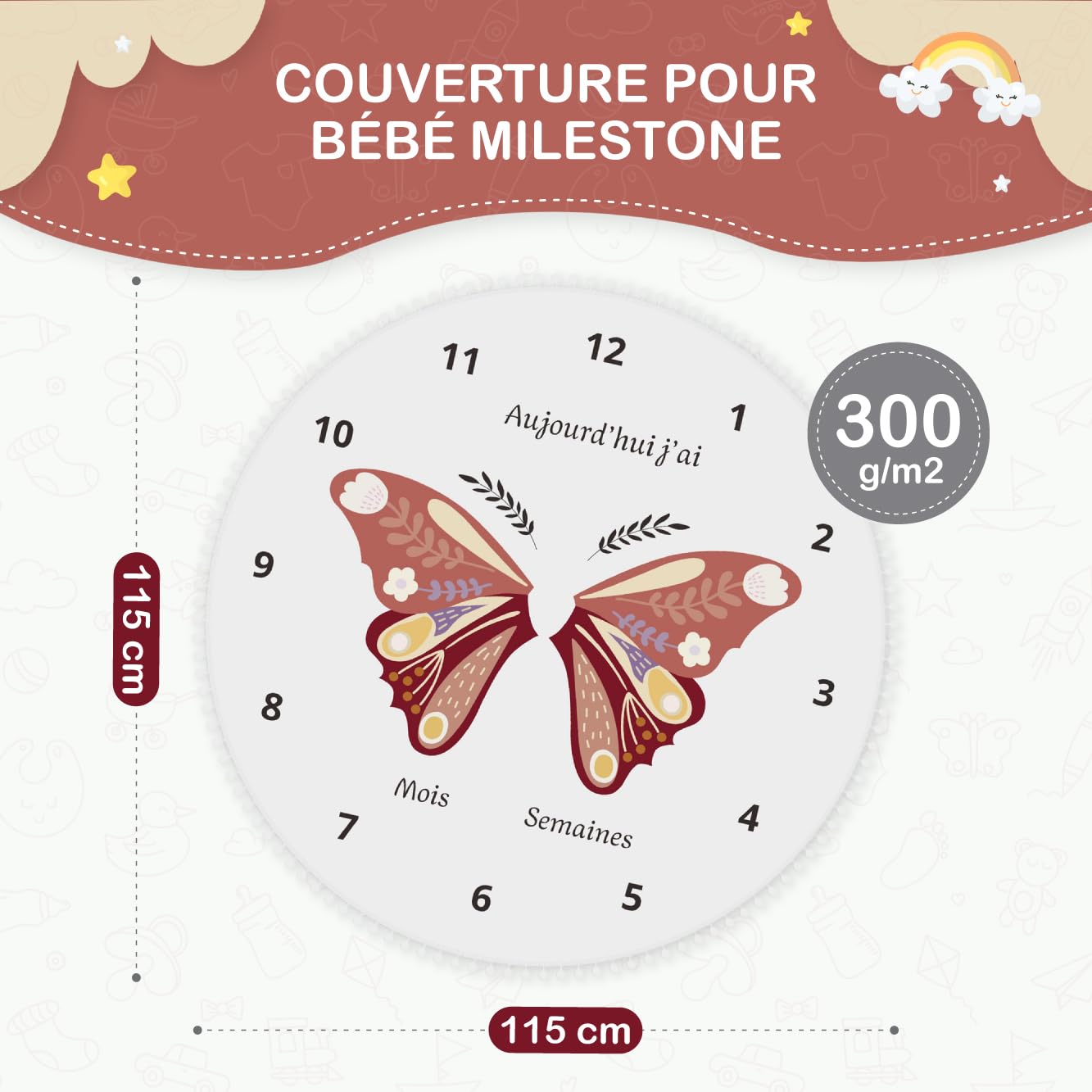 Couverture Etape Bébé en Français- Tapis Photo Bebe Rond 12 Mois Fille, Garçon- Unisexe Papillon Tapis Bebe Mois- Cadeau Naissance Baby-Shower Future Maman+ Carte Bois Personnalisé. (Rose)