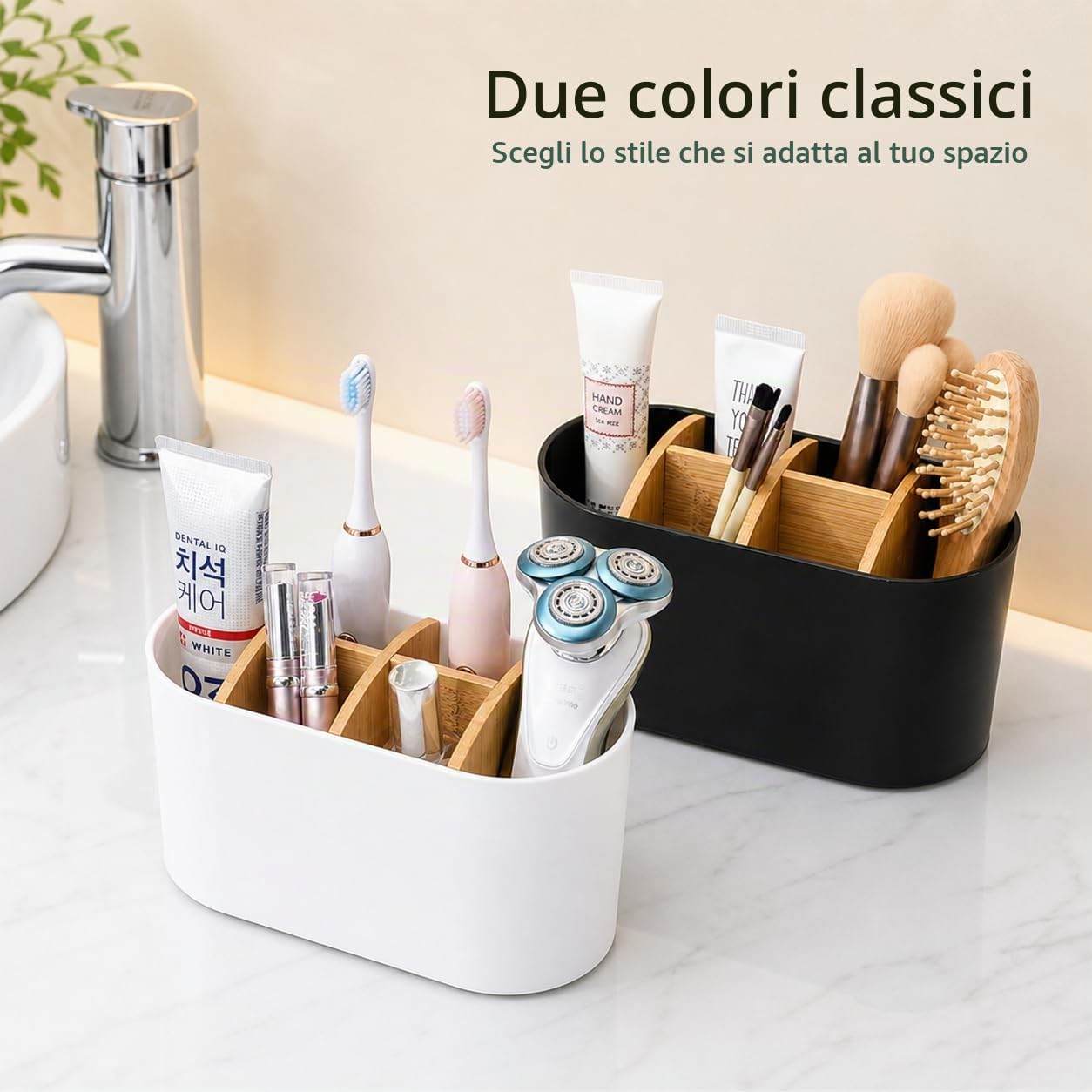 Porta Spazzolino Elettrico da Appoggio, Organizer Bagno con 6 Scomparti e Divisori in Bambù Rimovibili, Portadentifricio Multifunzione per Lavabo Cucina Soggiorno, Nero
