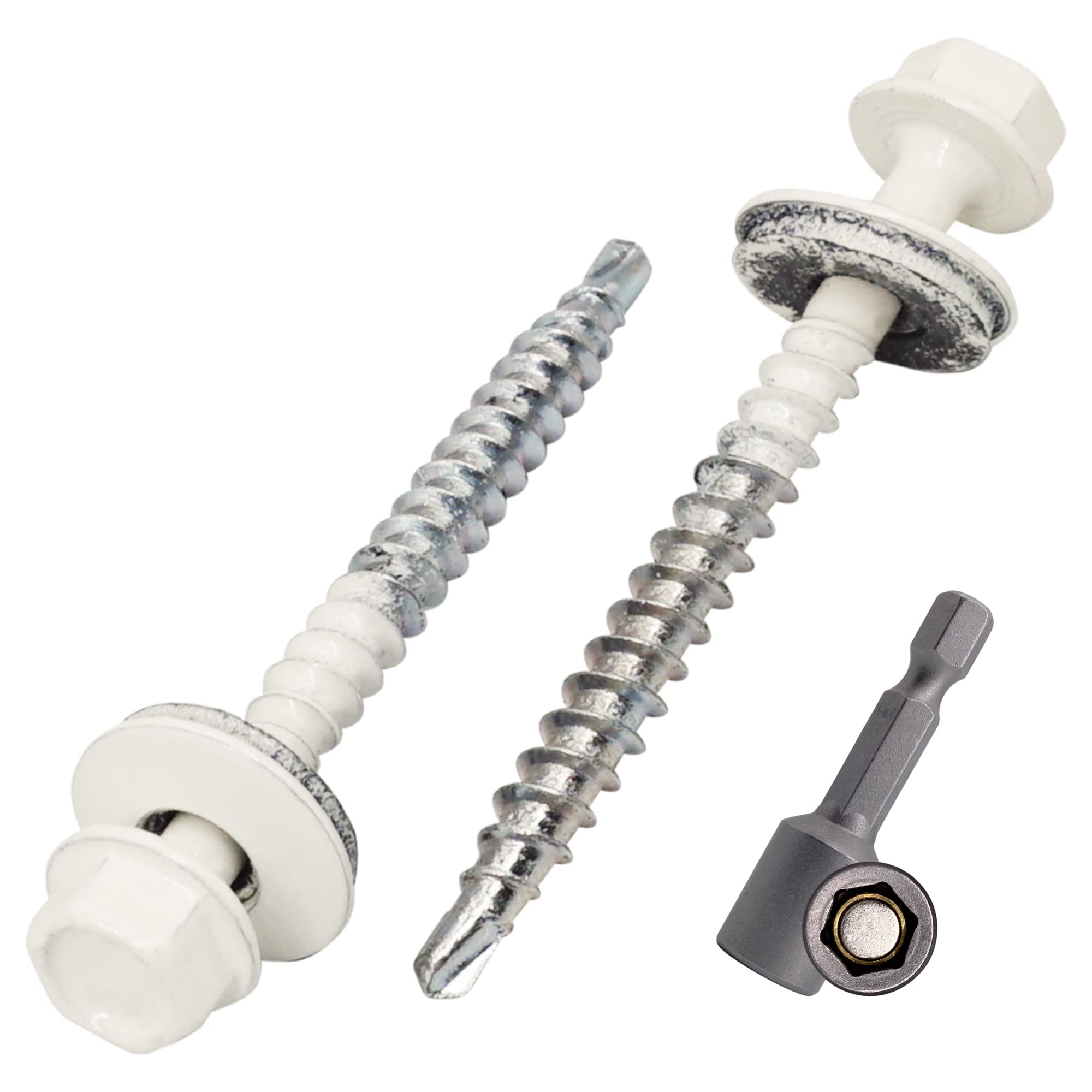 SKIR'CO (20 pcs) Painted Roofing Screws, 4.8 x 50 mm Self-Drilling Screws With EPDM Washers, Hex Head (Pure White, RAL 9010)