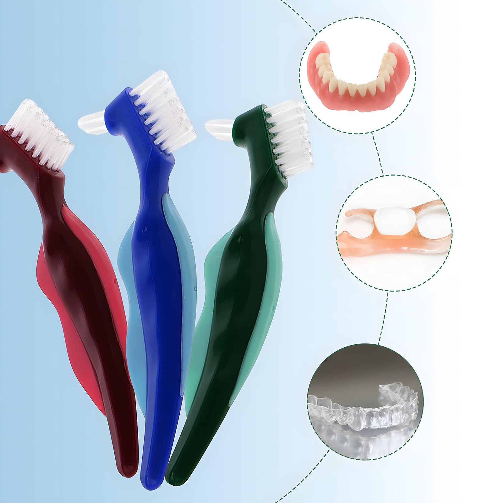 3pcs Spazzola Pulizia Dentiera, Spazzolino per Dentiera a Doppia Testa, Spazzole Protesi Dentale con Setole Multistrato, Spazzolino a Setole Dure per Denti Finti Ergonomico per Protesi Care