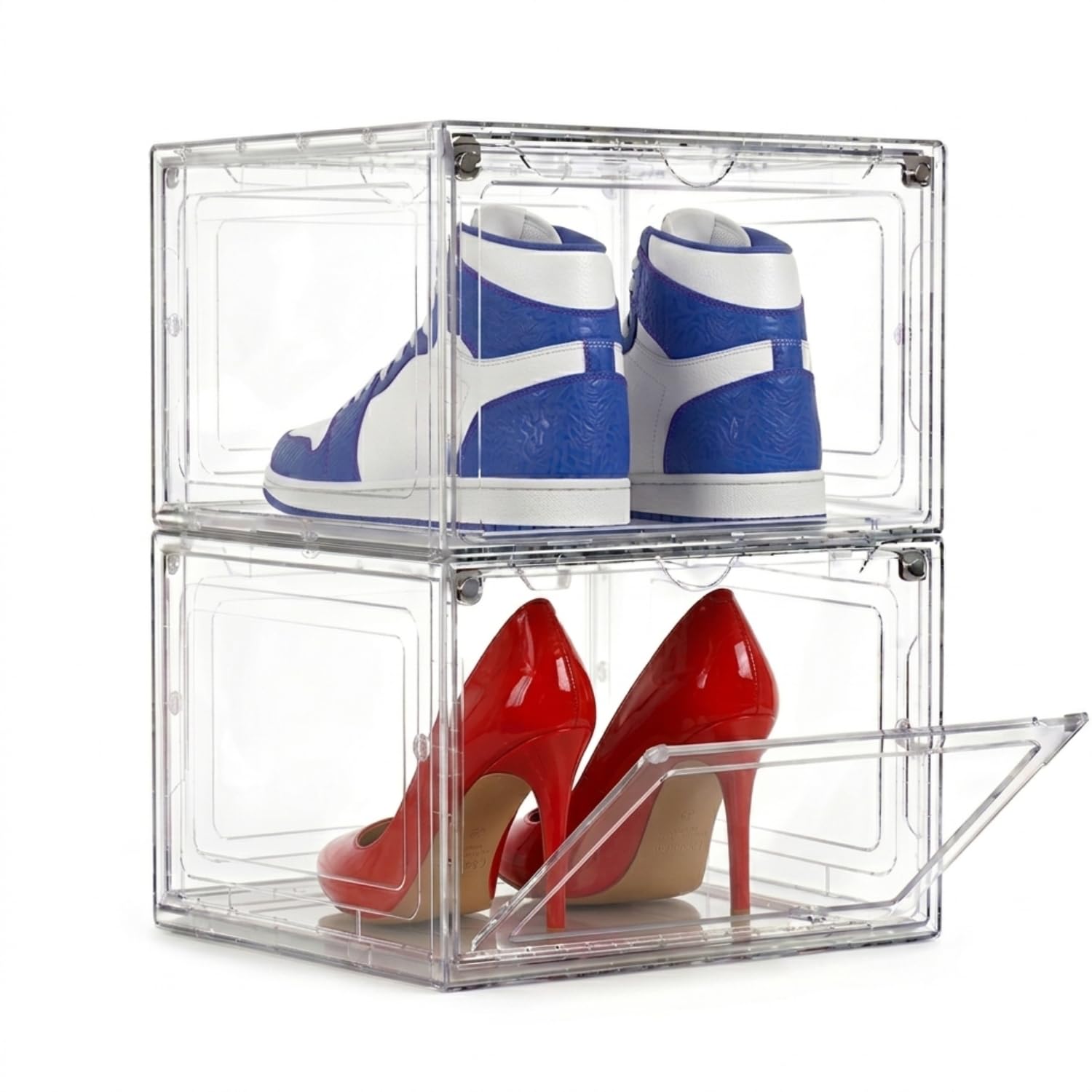 MALABI 2 pcs Shoe Storage Boxes, Clear Stackable Boxes, Acrylic transparent Shoe Display Containers,Foldable stackable shoe boxes with Magnetic Door for Women/Men,White
