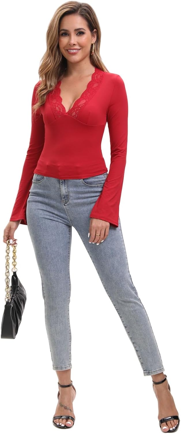 Womens Long Flare Sleeve Tops Slim Fitted Floral Lace Blouses Deep V Neck Casual Stretchy Basic T-Shirts - Image 5