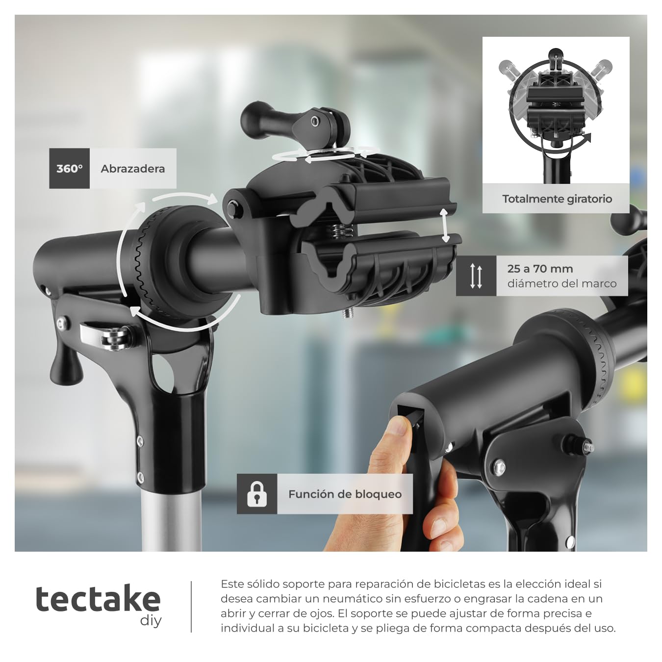 tectake® Soporte Bicicleta Taller, Bandeja Magnética Giratoria, Caballete Bicicleta Plegable, Herramientas Bicicleta Eléctrica Montaña o Carretera, Soporte Taller Bicicleta Ajustable, Carga Max 50 kg