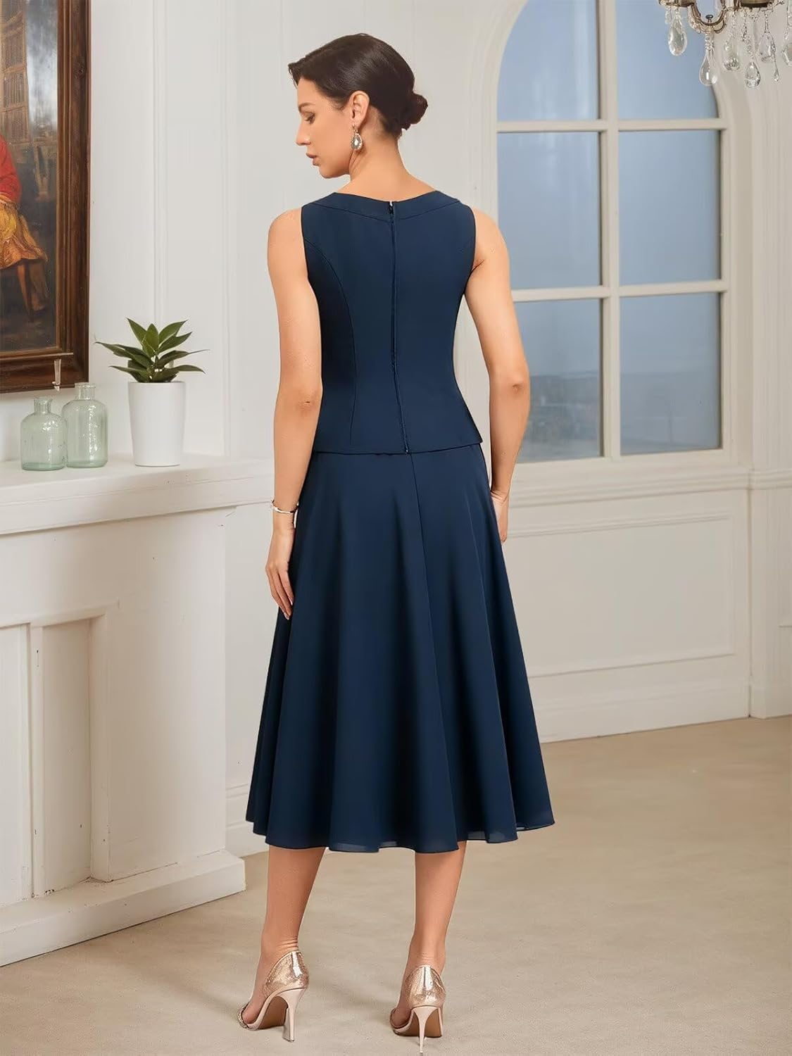 2 Piece Mother of The Bride Dresses 3/4 Sleeves Chiffon Sequins Tea Length Formal Evening Gown - Image 5